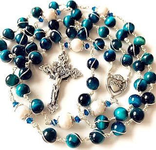 HANDMADE Sterling Silver Wire Wrapped Blue Tiger Eye Beads & Real Pearl Rosary Cross Necklace Catholic GIFTS