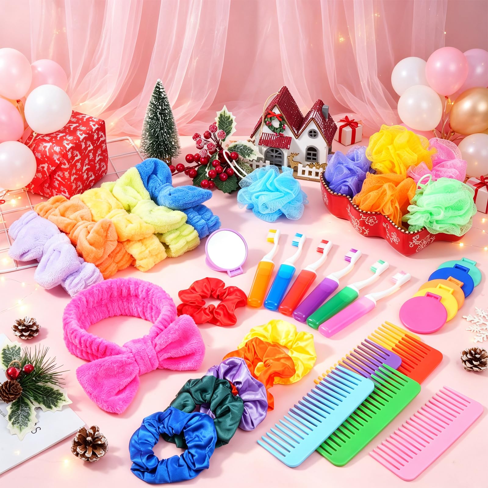 72 pz regali di Natale Spa Party Favors, Sleepover Party Supplies Colorful Wide Dente Pettini Spazzolino Cerchietti Bagno Loofah Doccia Anelli per Capelli Specchi Compatti per Calza Stuffers Regali