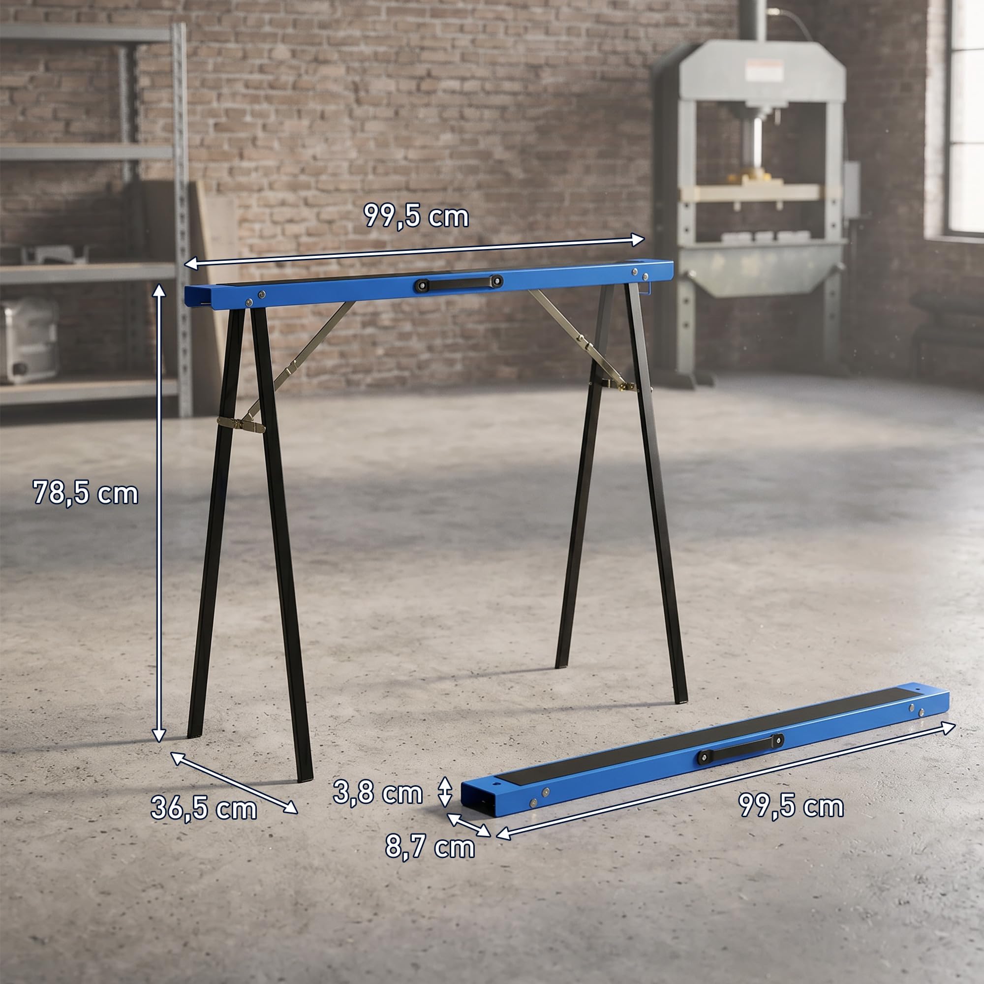 HOMCOM Arbeitsbock 2er Set Klappbock Sägebock Gerüstbock aus Metall Unterstellbock mit rutschfester Oberfläche, Griff Stützbock bis 350 kg Belastbar Blau