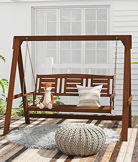 Porch Swing with Stand, Wooden Swing with 3 Seater, Bench Swings for Outside Garden Backyard, Swing Porch Hardwood Large Porch Swing for Patio, 3 Seat for Adult