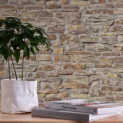 Simil Piedra Interior A.S. Création Bricks & Stones 388151 - Papel pintado (10.05 x 0.53 m), color beige y amarillo