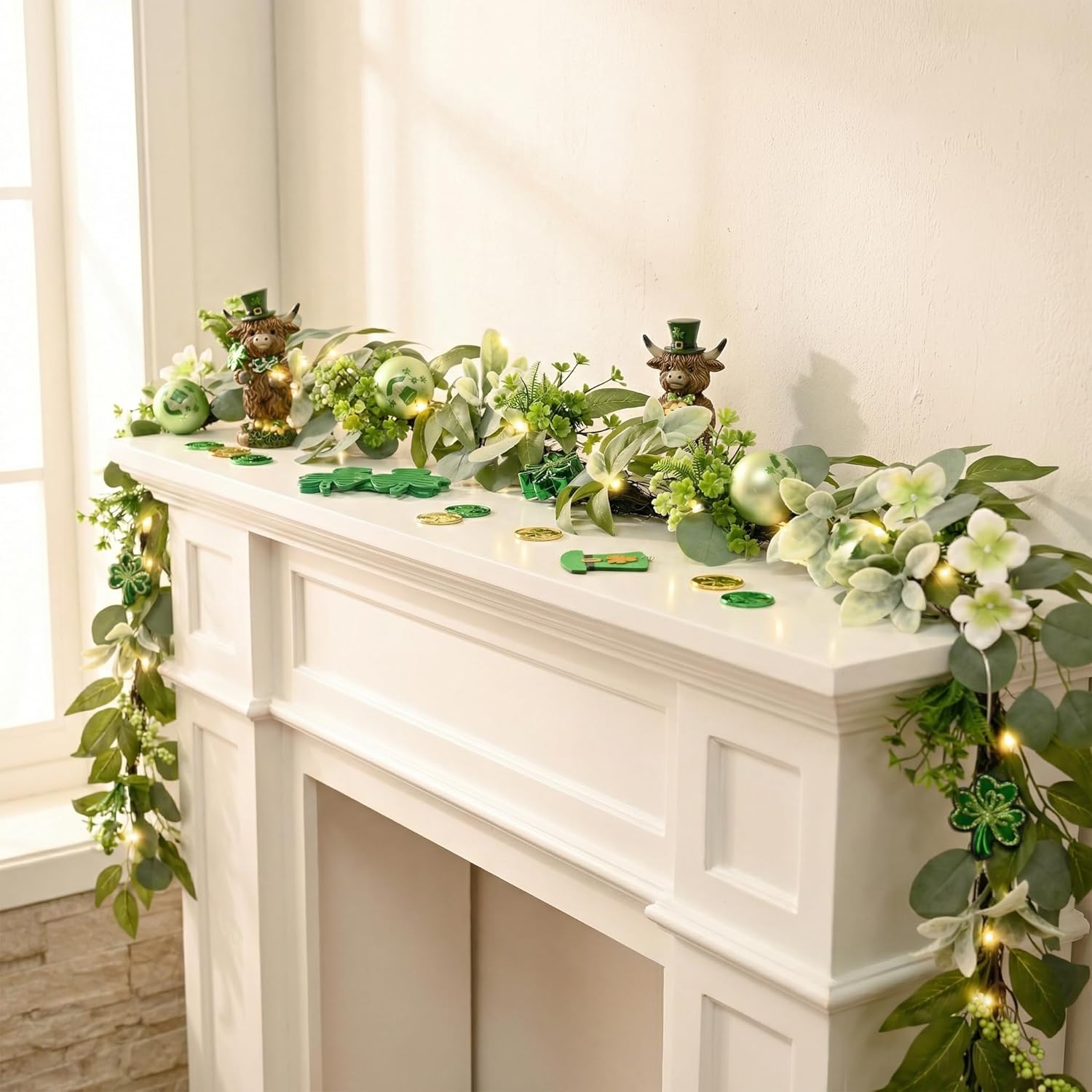 Valery Madelyn 6 Ft St Patrick's Day Garland Decorations with Lights, Artificial Spring Eucalyptus Garland for Mantle with Lucky Shamrock Clover Ornaments, Perfect Irish Festival Home Party Decor