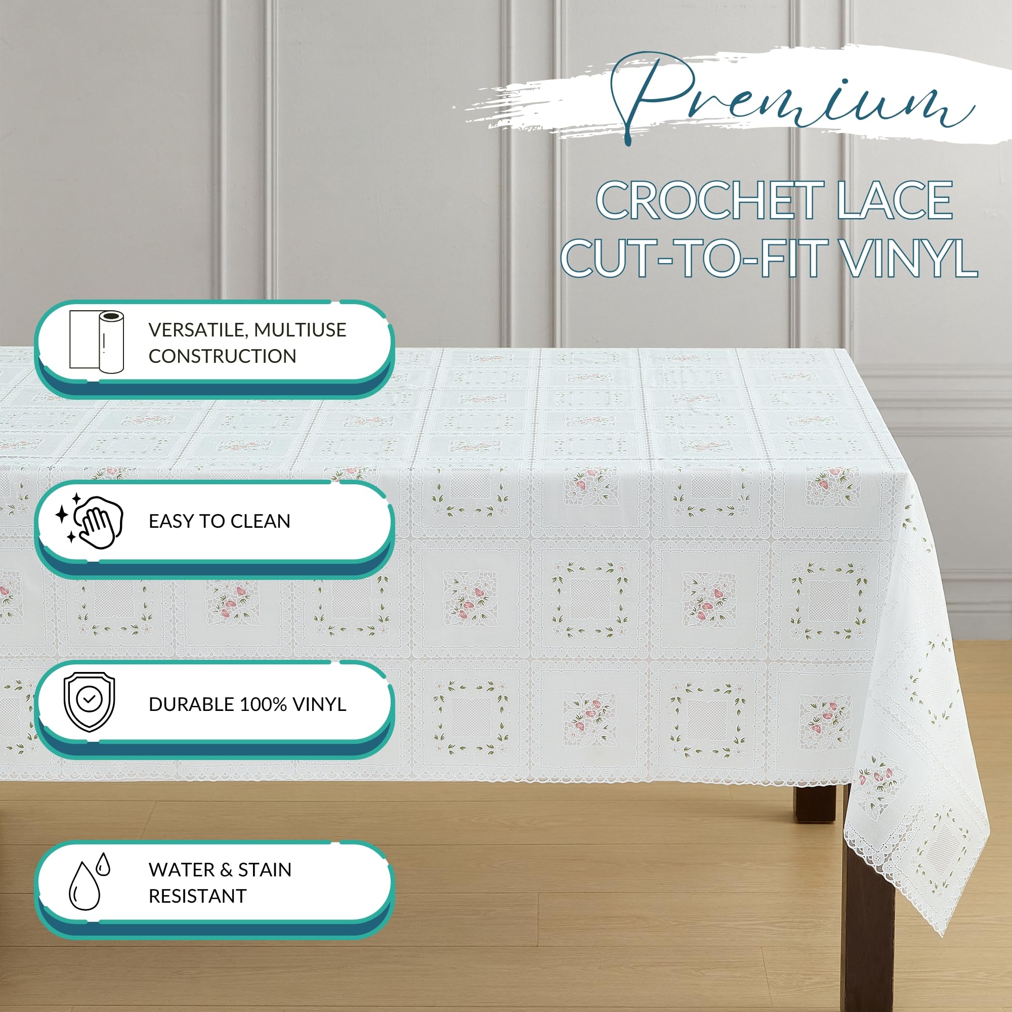 Elrene Home Fashions Vinyl-Stoff mit floraler Spitze, 2,7 m Schnitt, schützende Tischdecke für ESS- und Küchentische, Dekoration oder Bastelarbeiten, Weiß, 137,2 x 274,3 cm