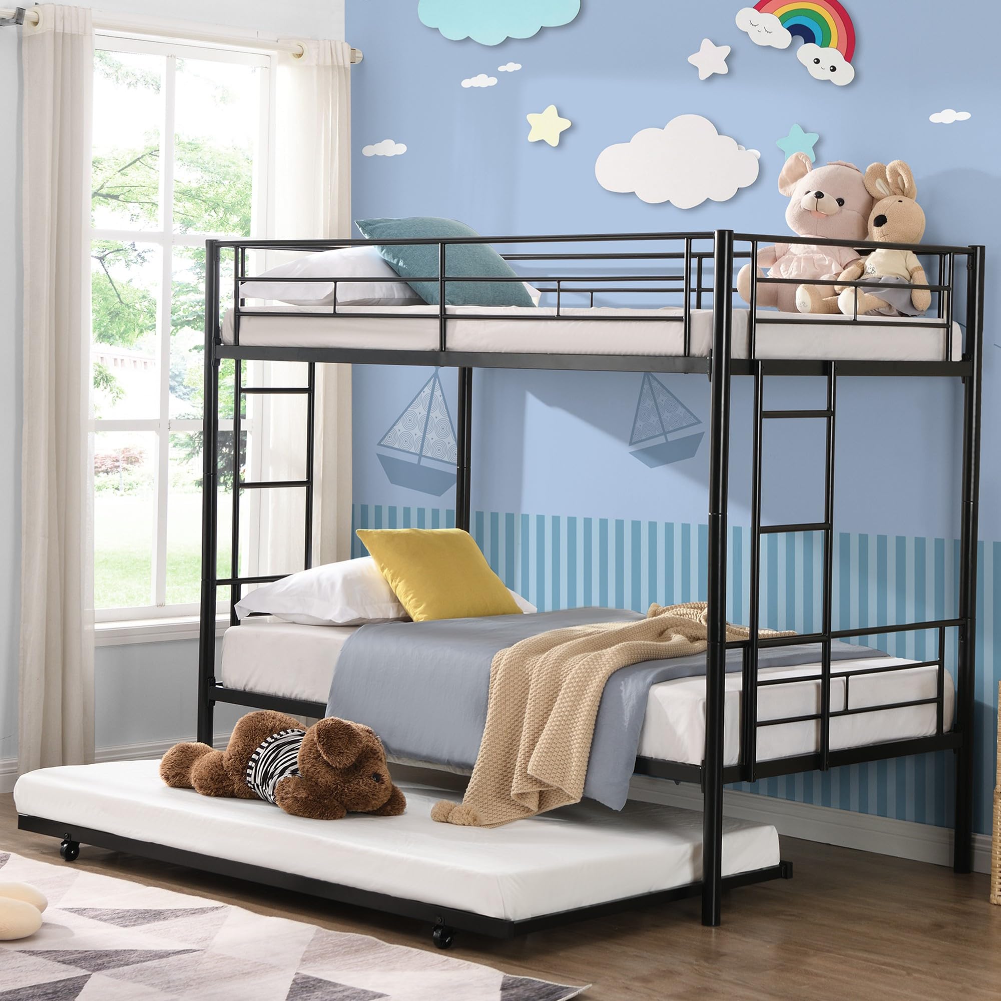 New Upgrade Twin Over Twin Bunk Bed Size with 2 Ladder & Guardrail, Heavy Duty Twin Over Twin Bunk Beds with Trundle for Kids Adults Teens Boys, Weight Capacity 450 Lbs (Black)
