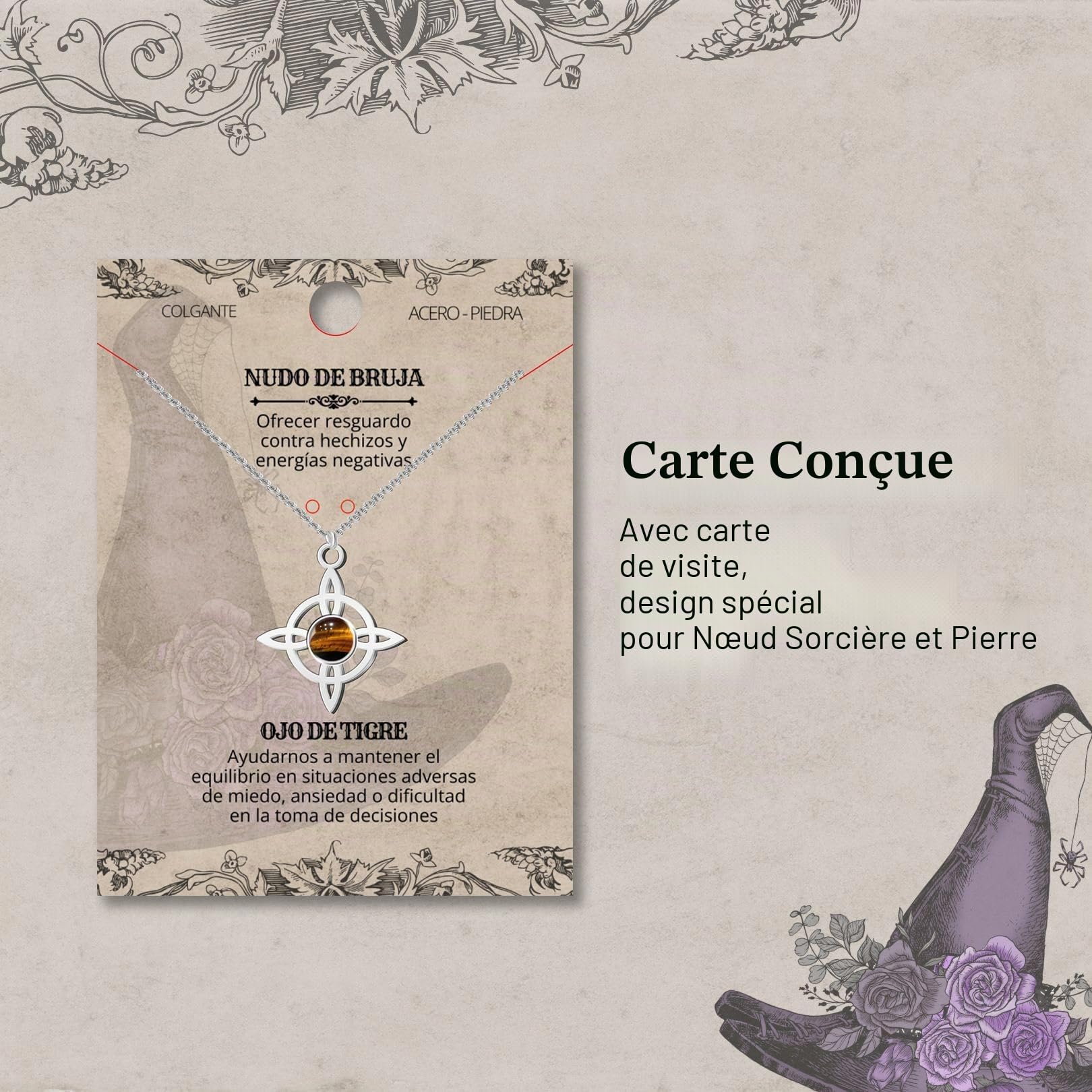 cotigo Collier pour femme noeud de sorcière avec pierre naturelle et acier inoxydable + cadeau un bracelet à 7 nœuds, nœud de sorcière double protection, amulette de chance, cadeau femme.