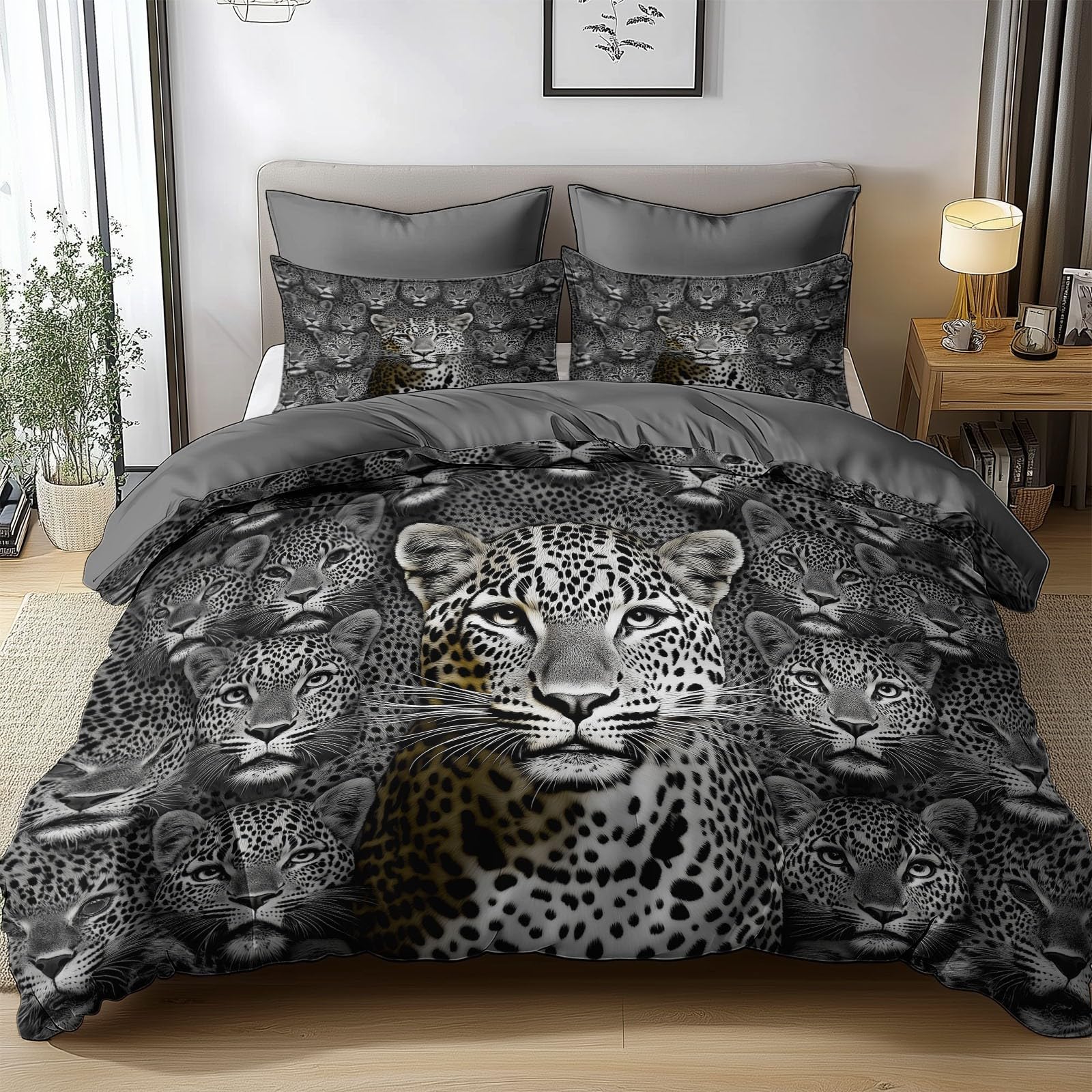 Realistic Photography Leopard Reversible Duvet Cover Set Grey Duvet Set 230x220cm 3 PCS Print Bedding Set Soft Microfiber Easy Care Quilt Cover with 2 Pillow Cases