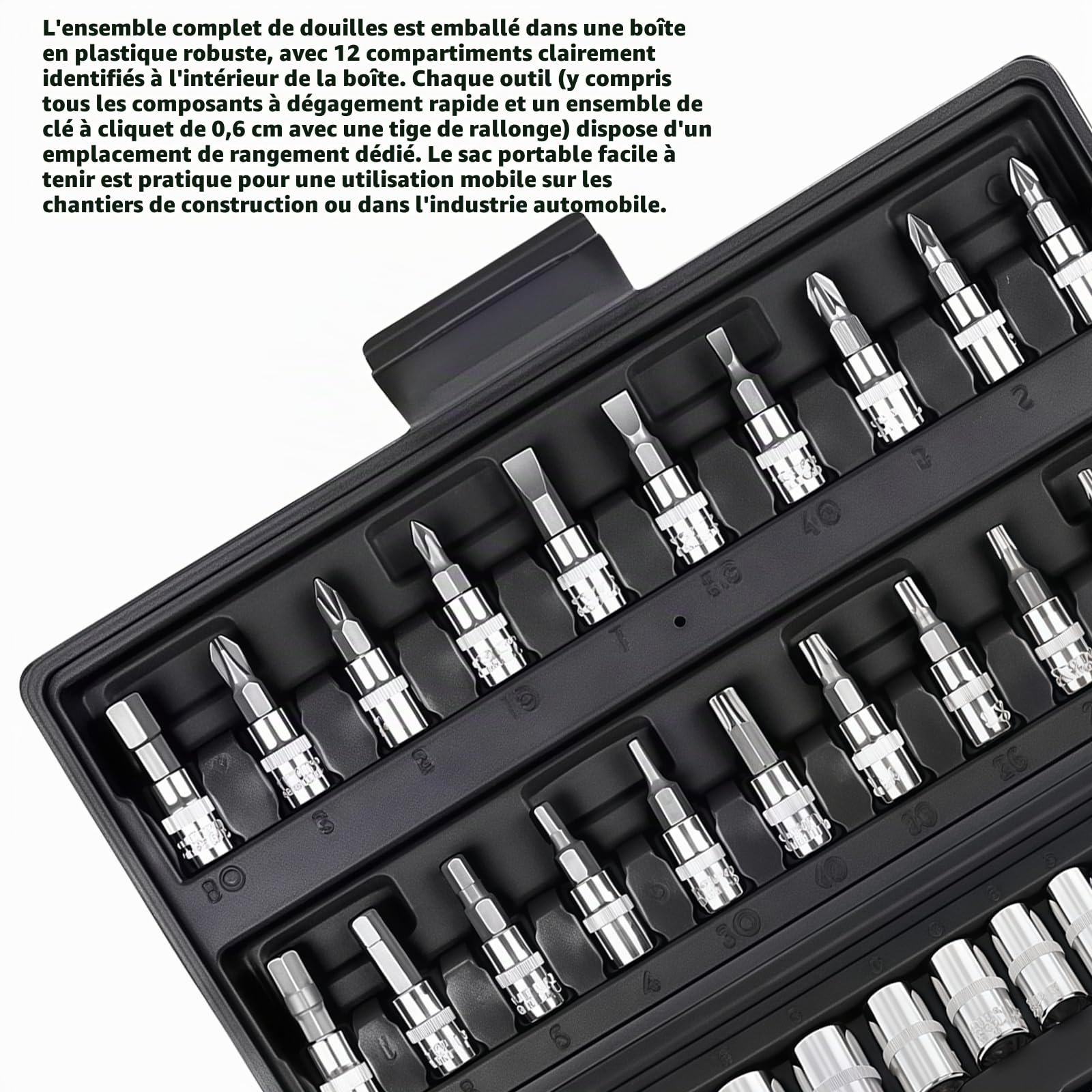 Coffret de clés à cliquet 46 pièces Petit : Cliquet à changement rapide à serrage rapide, clés à douille en acier Cr-V avec cliquet à changement rapide de 6,35 mm, jeu de douilles, pour