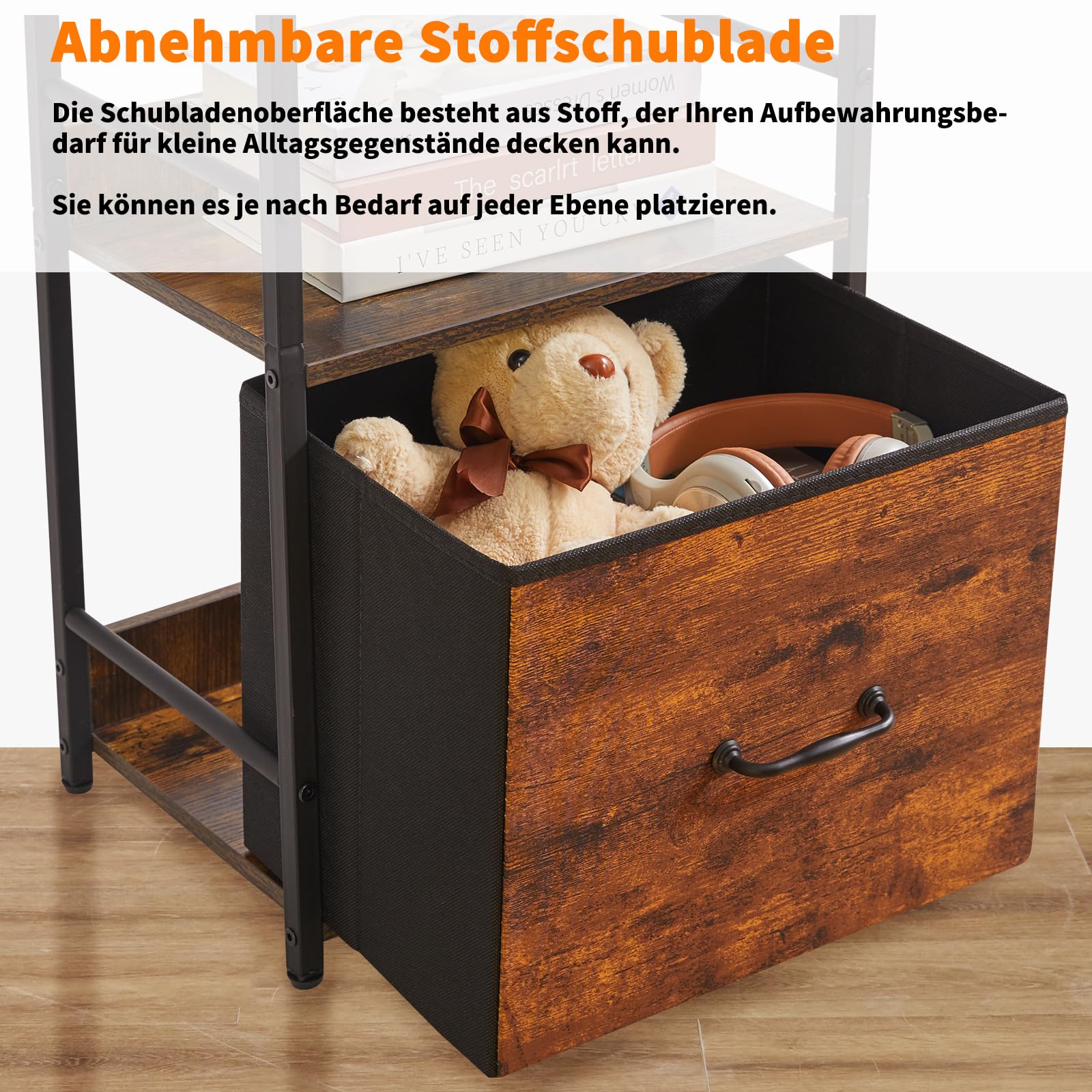 Aibiju Regal-Bücherregal, 5-stufiges industrielles Bücherregal mit Schubladen aus Stoffstoff, freistehendes Regal für Wohnzimmer, Schlafzimmer, Küche, Büro, Stahlrahmen, rustikales Braun YD-BC001H