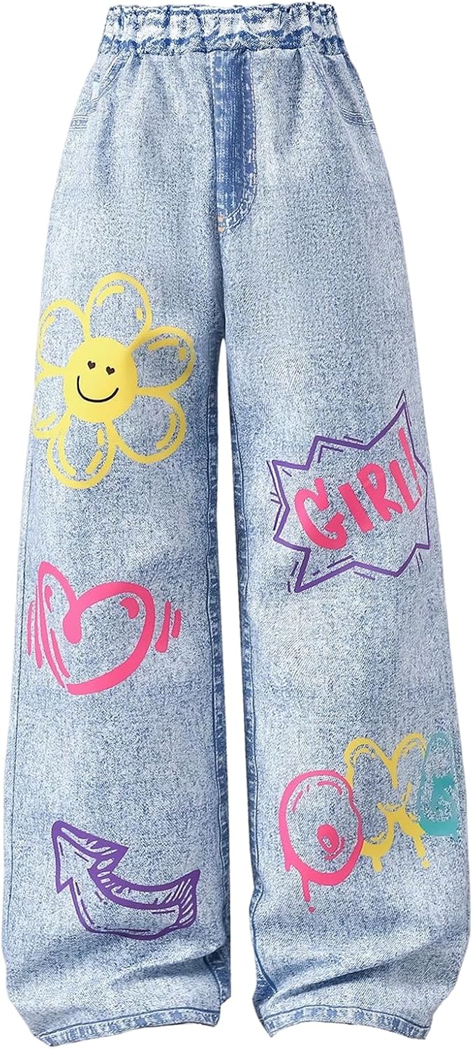 OYOANGLE Girl's Y2K Wide Leg Baggy Pants Casual Graphic Elastic Waist Trousers