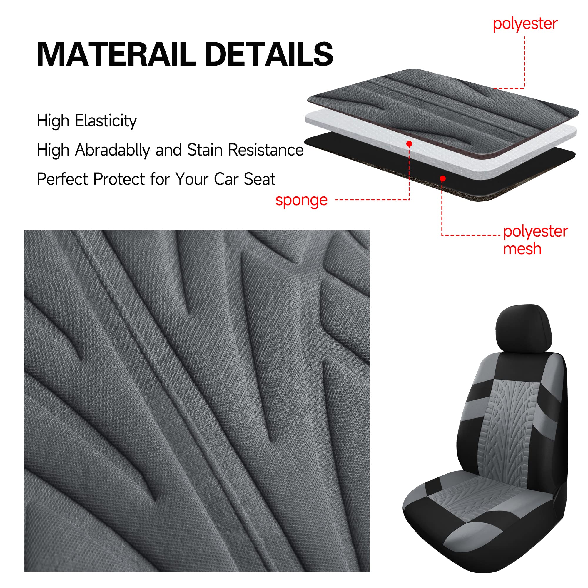 VarCozy Coppia di coprisedili anteriori per auto, universali in tessuto, traspiranti e lavabili, per SUV, berlina, furgoni, compatibili con airbag, nero e grigio