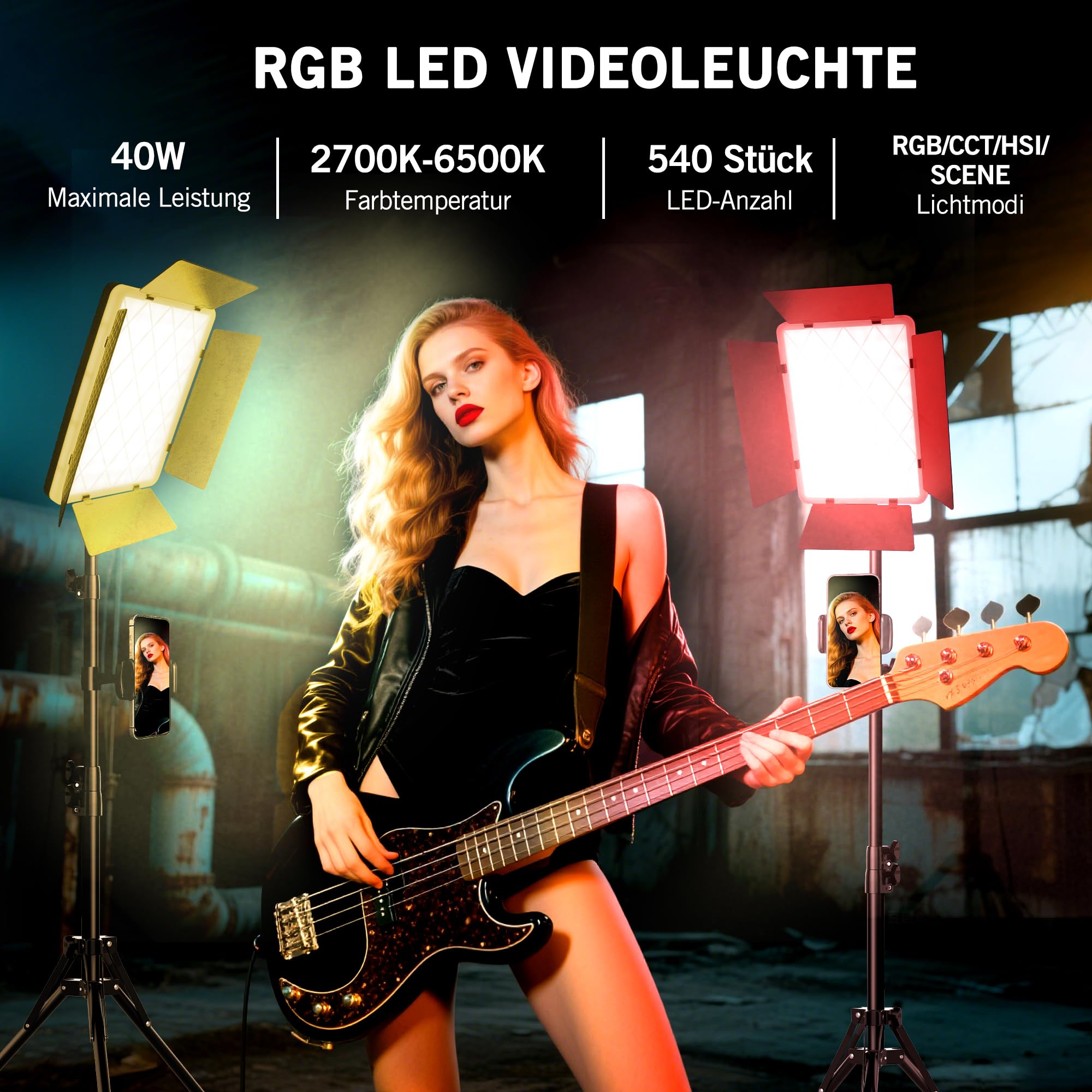 Niceveedi 15" RGB Videolicht, 2-Pack 40W LED Foto licht mit Fernbedienung und Handyhalterung, 2700K-6500K Studio Panel Licht mit RGB/CCT/HSI/Szenenmodus für YouTube/TikTok/Live-Streaming (1 Pack)