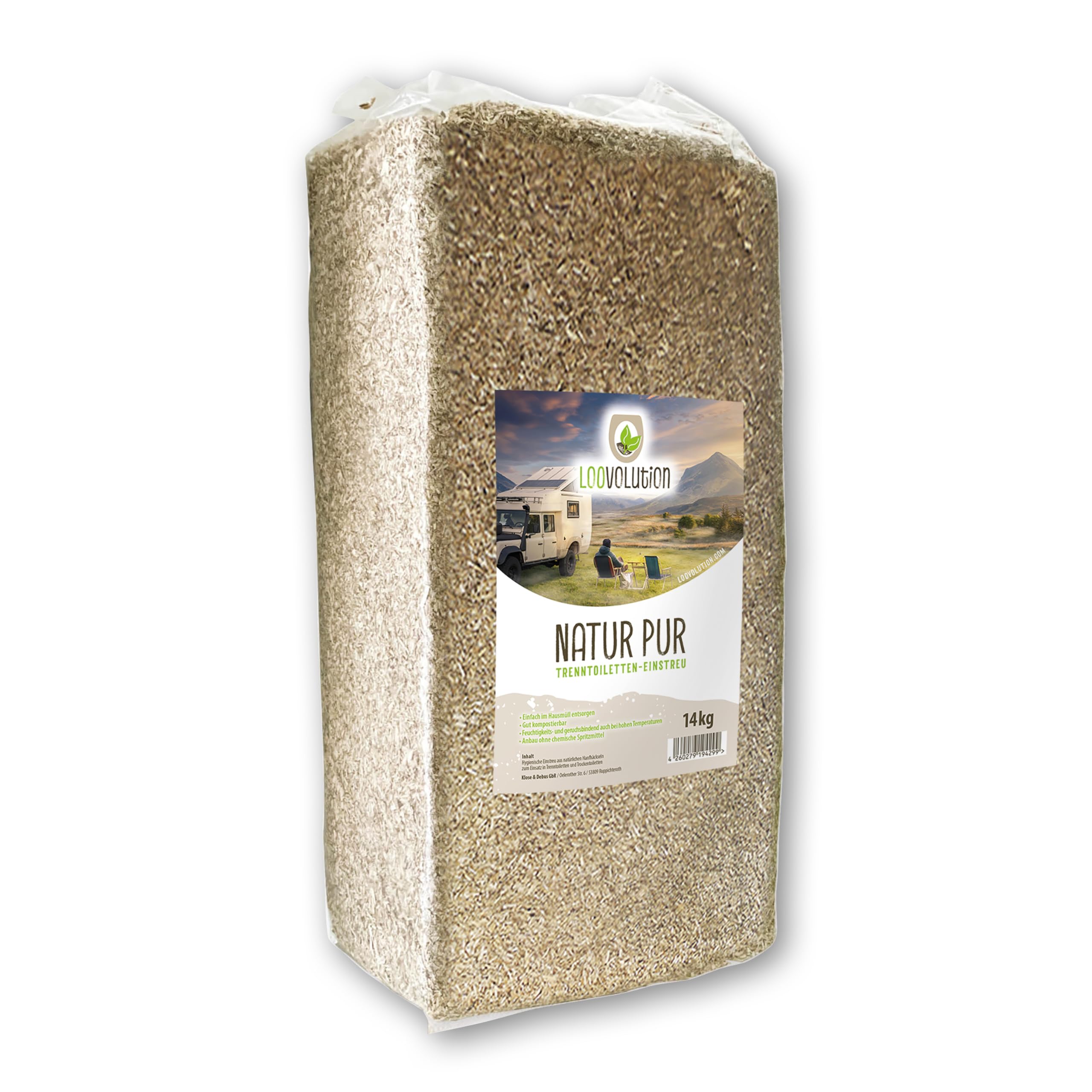 Loovolution® Toiletteneinstreu 14 kg Natur | Hanfeinstreu für Trenntoiletten, Trockentoiletten, Campingtoiletten | Kompostierbar | staubfrei