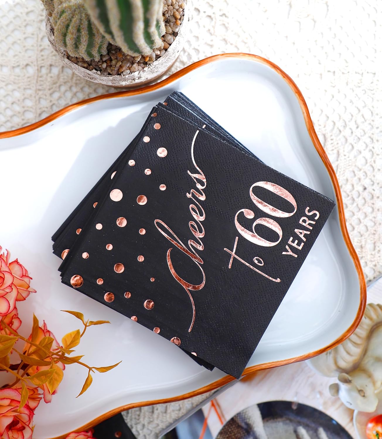 Rose Gold Cheers to 60th Cocktail Napkins Folded 5 x 5 Inches Disposable Party Napkins 3-Ply Paper Beverage Napkins for 60th Birthday Decorations, Wedding Anniversary, Retirement, Black (60 Years) - Image 3