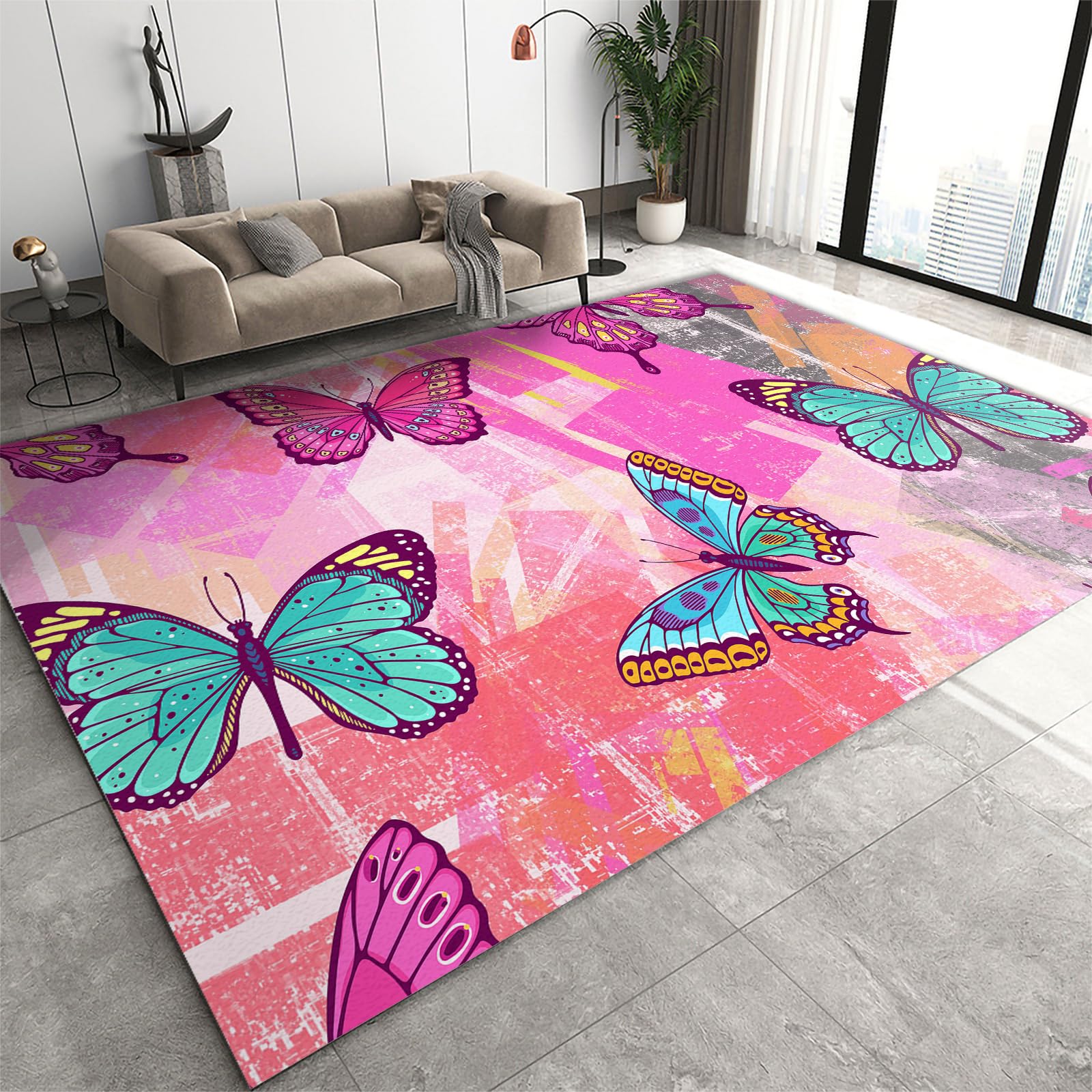 FIEMAR Area Rug 160x200cm Washable Area Rugs for Living Room, Butterfly Print Neutral Boho Farmhouse Rug, Indoor Floor No Slip Low Pile Kid and Pet-Friendly Rug Carpet for Guest Room hardwood Floors — image 1
