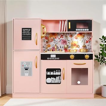 TOUCH US Wooden Play Kitchen Toy Set with Light, Kids Children Pretend Toy Kitchen Playset, Sink Play Toy Oven with Microwave,Toddler Cooking Set Toy for Ages 3+Baby Girls Boys Pink