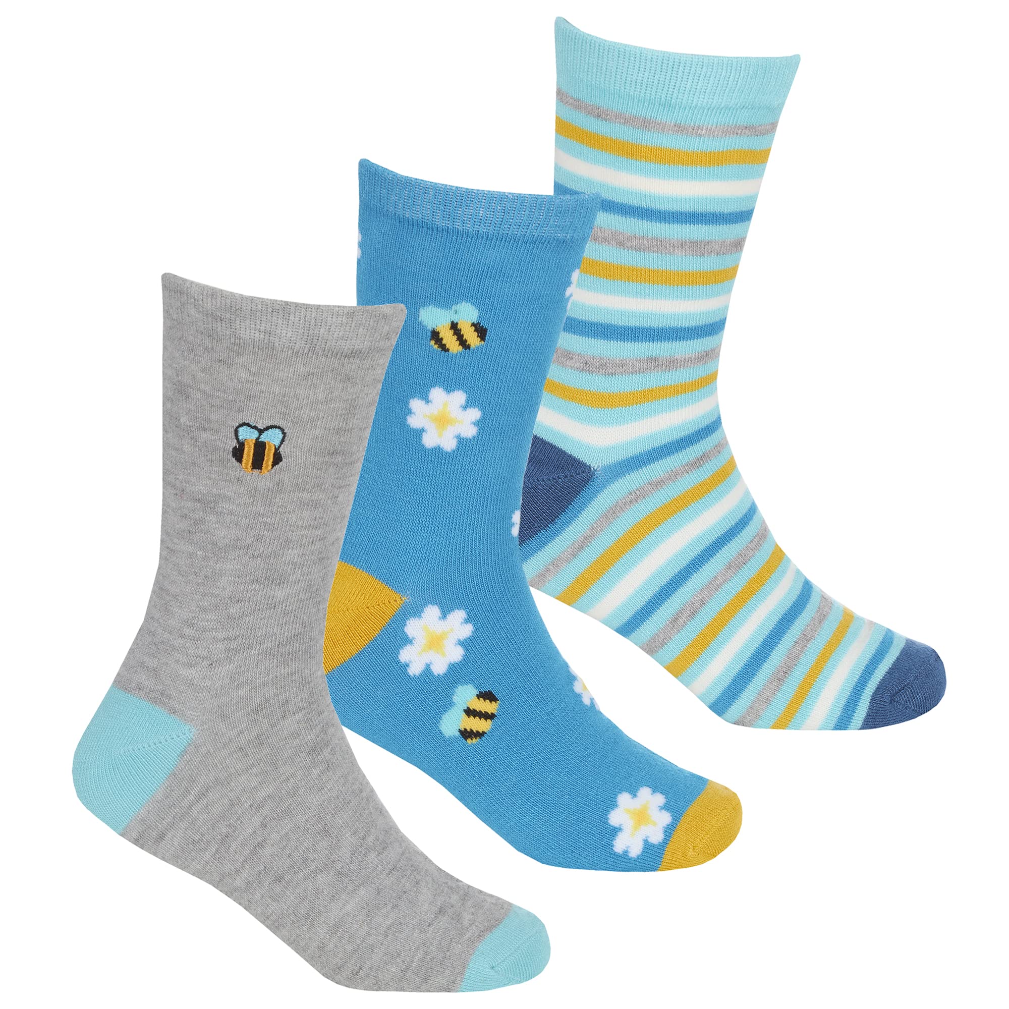 Metzuyan 3 Pairs Kids Girls Bamboo Viscose Embroidered Novelty Colourful Bees Floral Mid Calf Socks Grey 12.5-3.5