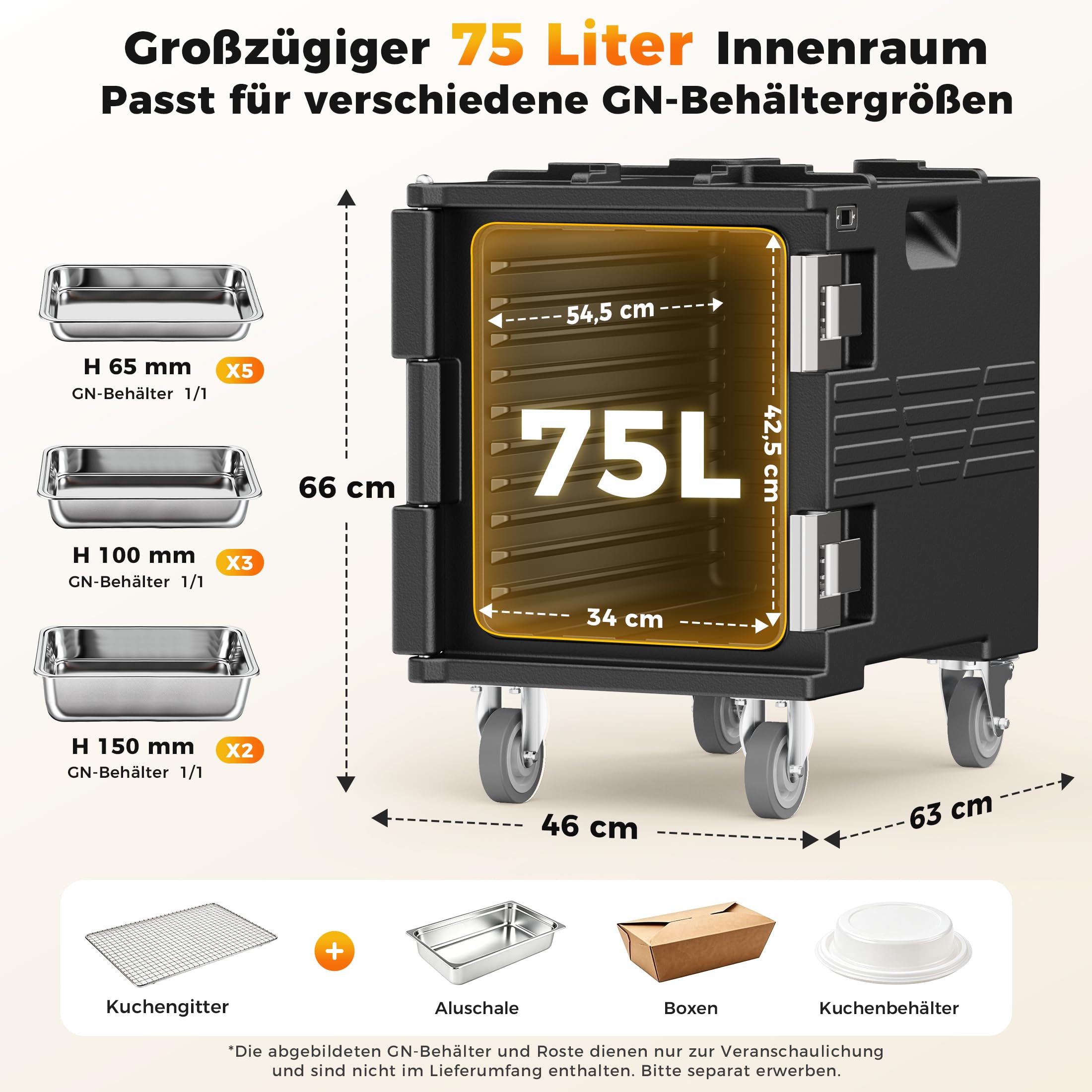75L Thermobox Frontlader mit Drehrollen, LLDPE Isolierte Transportbox | mit 304 Edelstahlriegel, Warmhaltebox Stapelbar für 5x GN 1/1 Behälter(Nicht), Ideal für Lieferservice und Catering