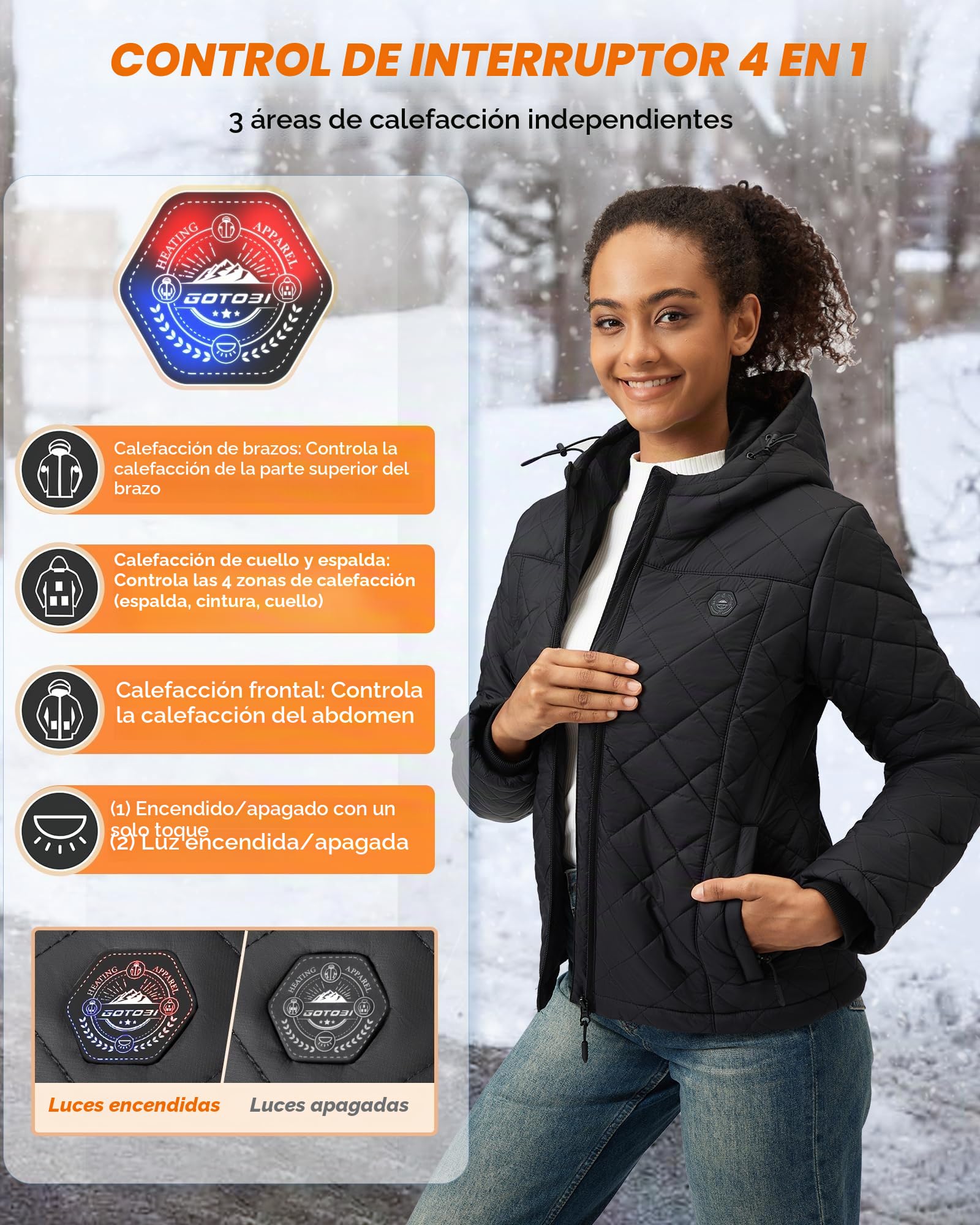 Chaqueta Calefactable Mujer Con Bateria 12v 18400mah, 8 Zonas De Calor,3 Niveles De Temperatura, Chaqueta Termica EléCtrica Ligera con Capucha