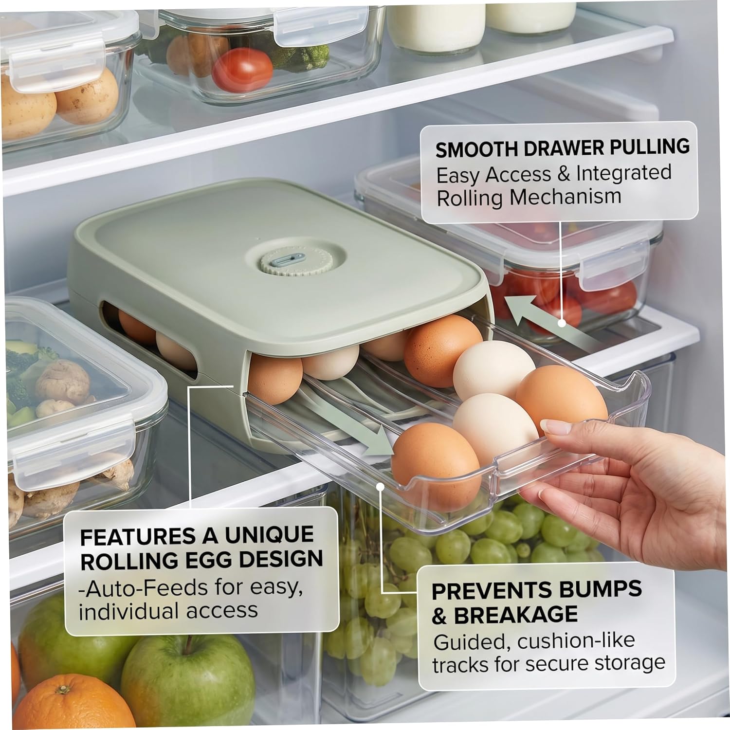 Egg Drawer for Refrigerator, Rolling Egg Dispenser with Lid, Stackable Holder for Fridge - Green.