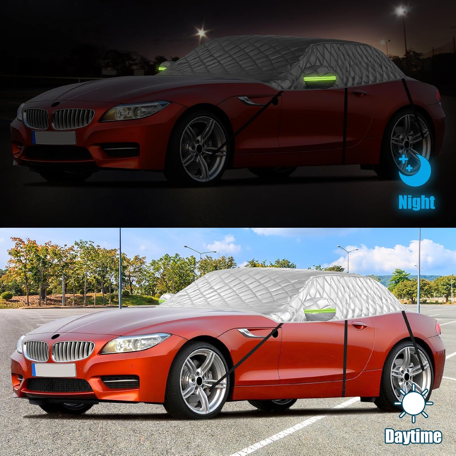6 Layers Half Car Cover for 2002–2008 BMW Z4 - Hail & Snow Shield | Scratch-Free Hooks + Reflective Strips | Waterproof Roof Cover All Weather Dust, Sun Protection