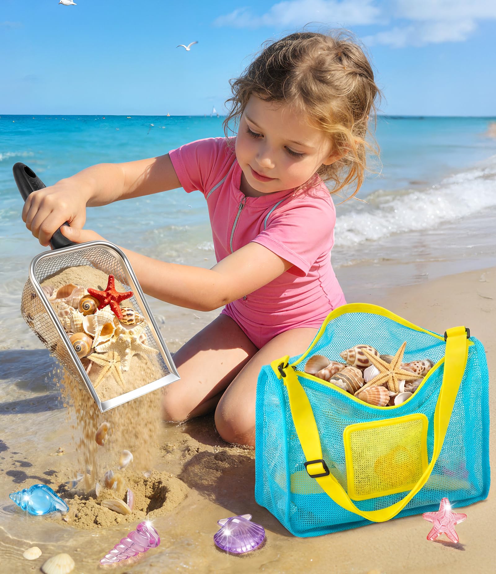 DISHIO - Juguetes de playa para niños, 25 piezas, palanca de arena de metal y cubo de playa plegable, pala de arena de acero inoxidable, kit de construcción de castillos de arena con bolsa de malla