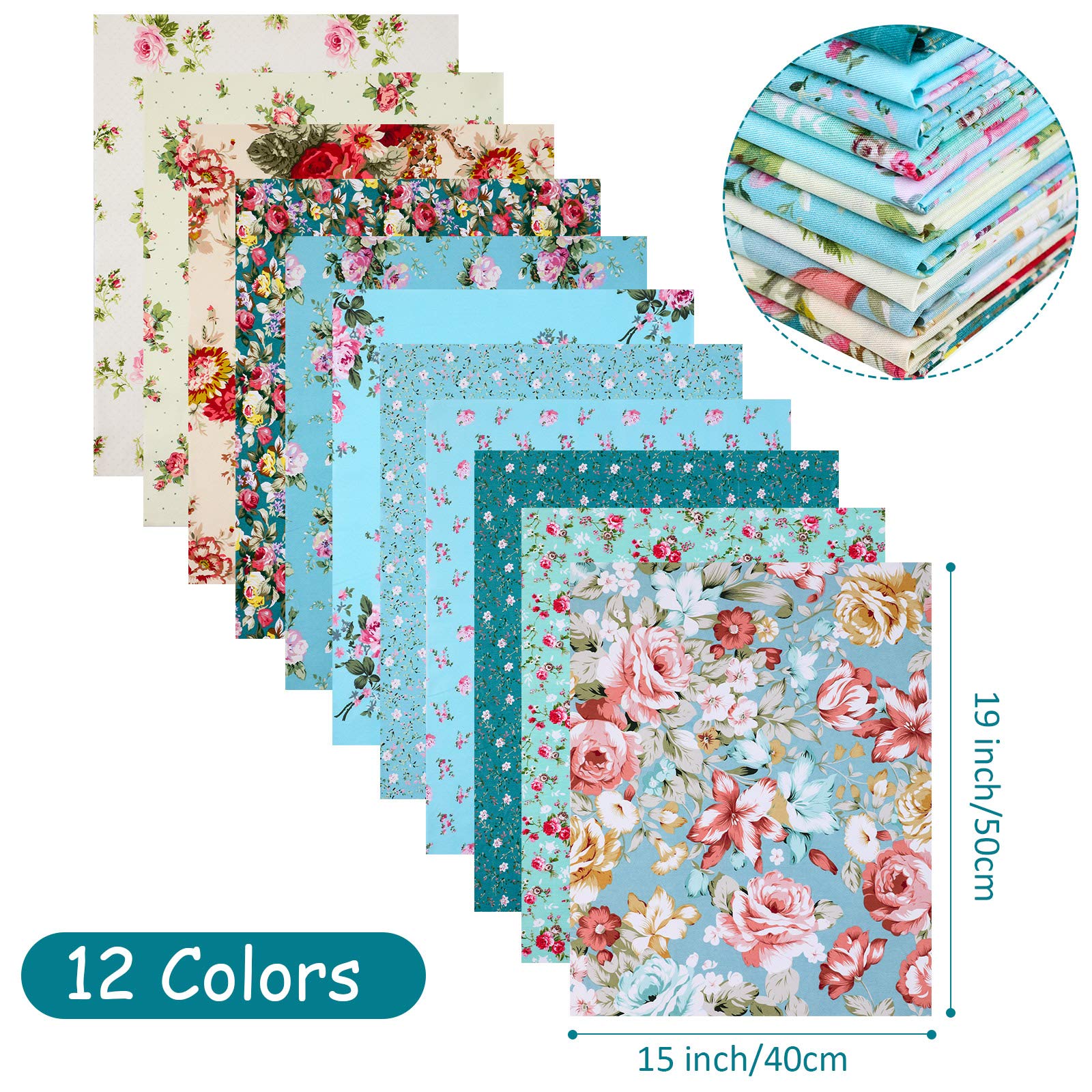 12 Pieces Floral Fat Quarters Patchwork Sewing Quilting Fabric Bundles 20 x 16 Inch/ 50 x 40 cm, Precut Cotton Fabric for DIY Sewing Crafting Quilting Art Craft Supplies