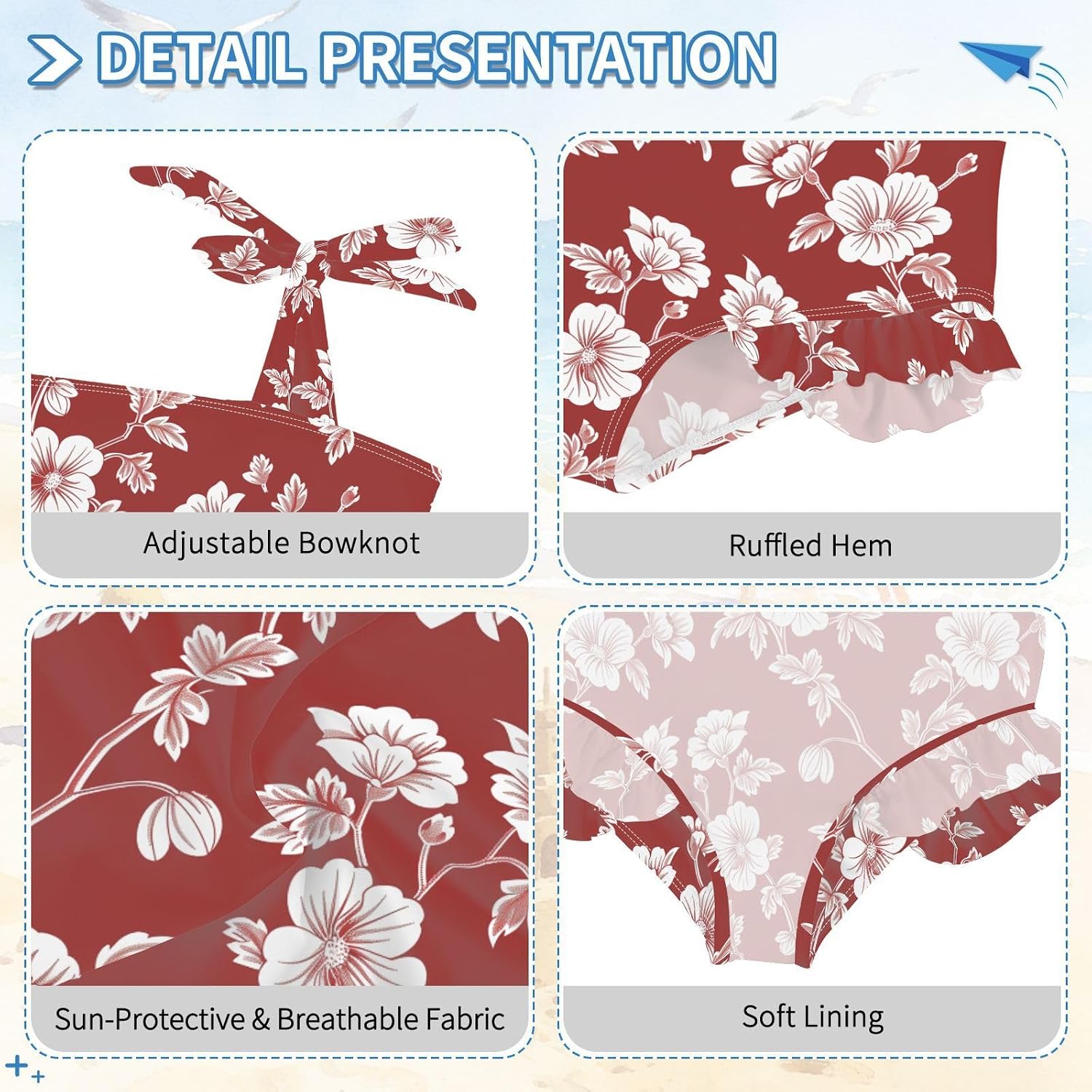 visesunny Toddler Girl Swimsuit Adjustable Strap Swimwear Vintage Red Floral Flower Bathing Suits for Girls 18M-6Y