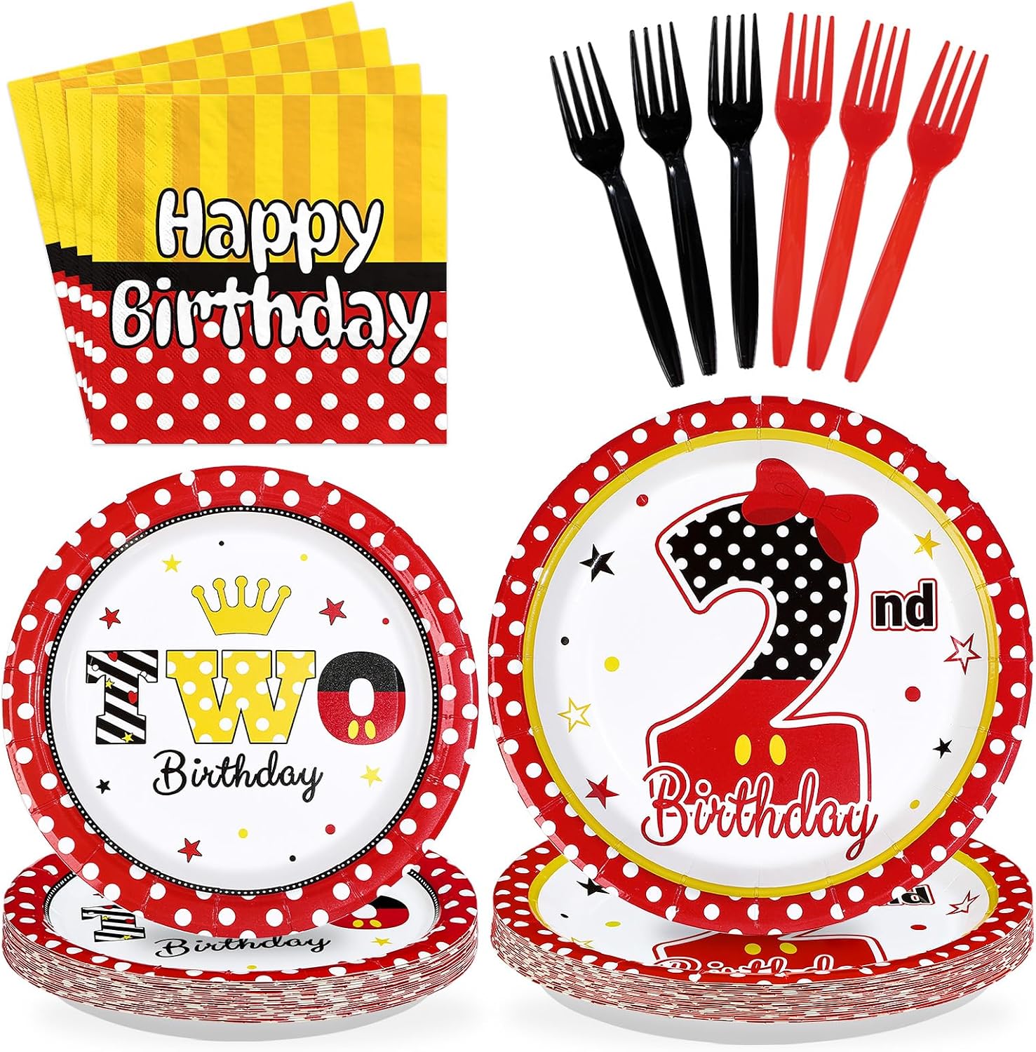 96Pcs Cartoon Mouse 2nd Birthday Decorations for Kids Girls, Serves 24