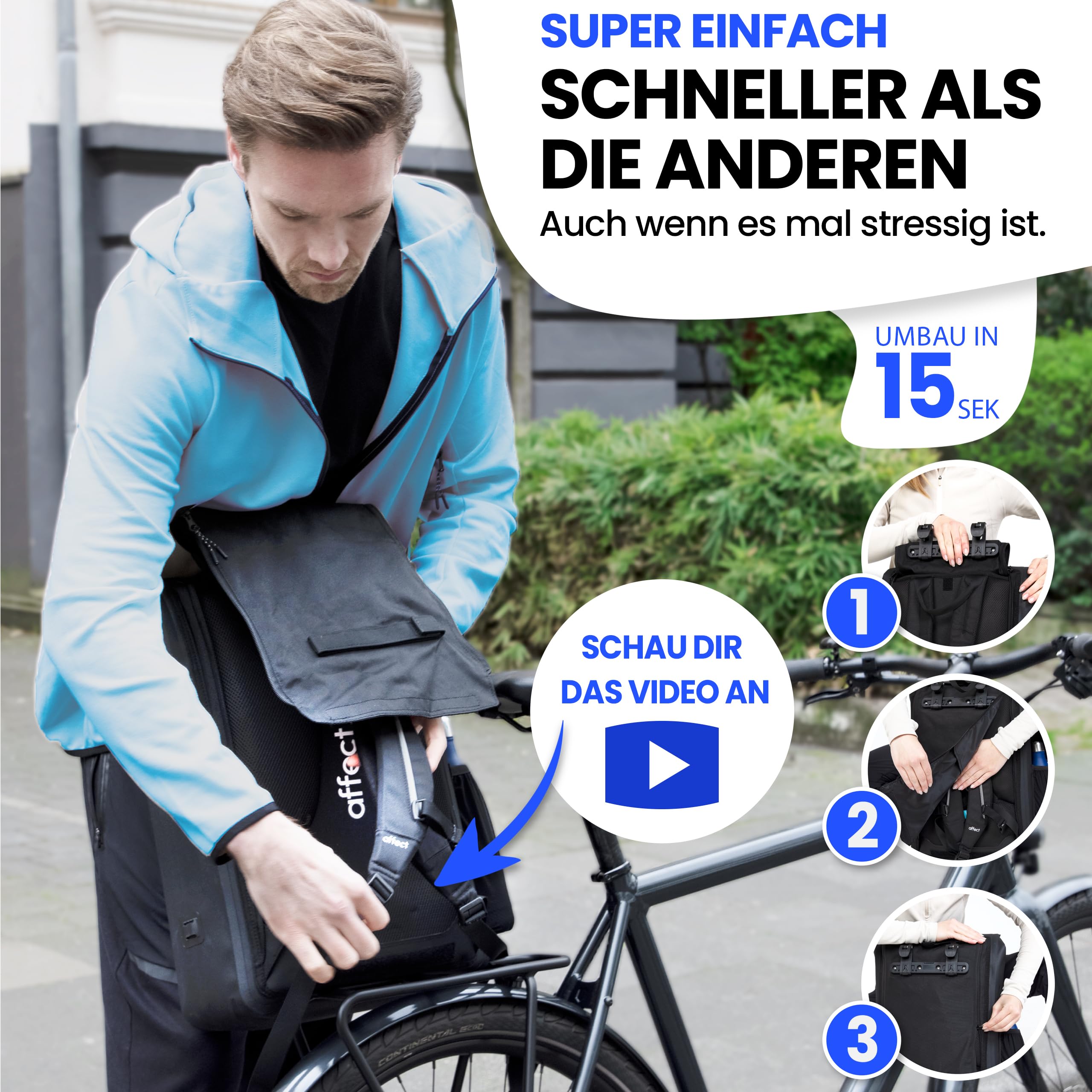 AFFECT - NEU 2in1 Fahrradtasche Rucksack aus Ocean Plastic - 30 Liter - 100% wasserdicht - Fahrradtasche für Gepäckträger - verwendbar als Fahrradrucksack mit Laptopfach
