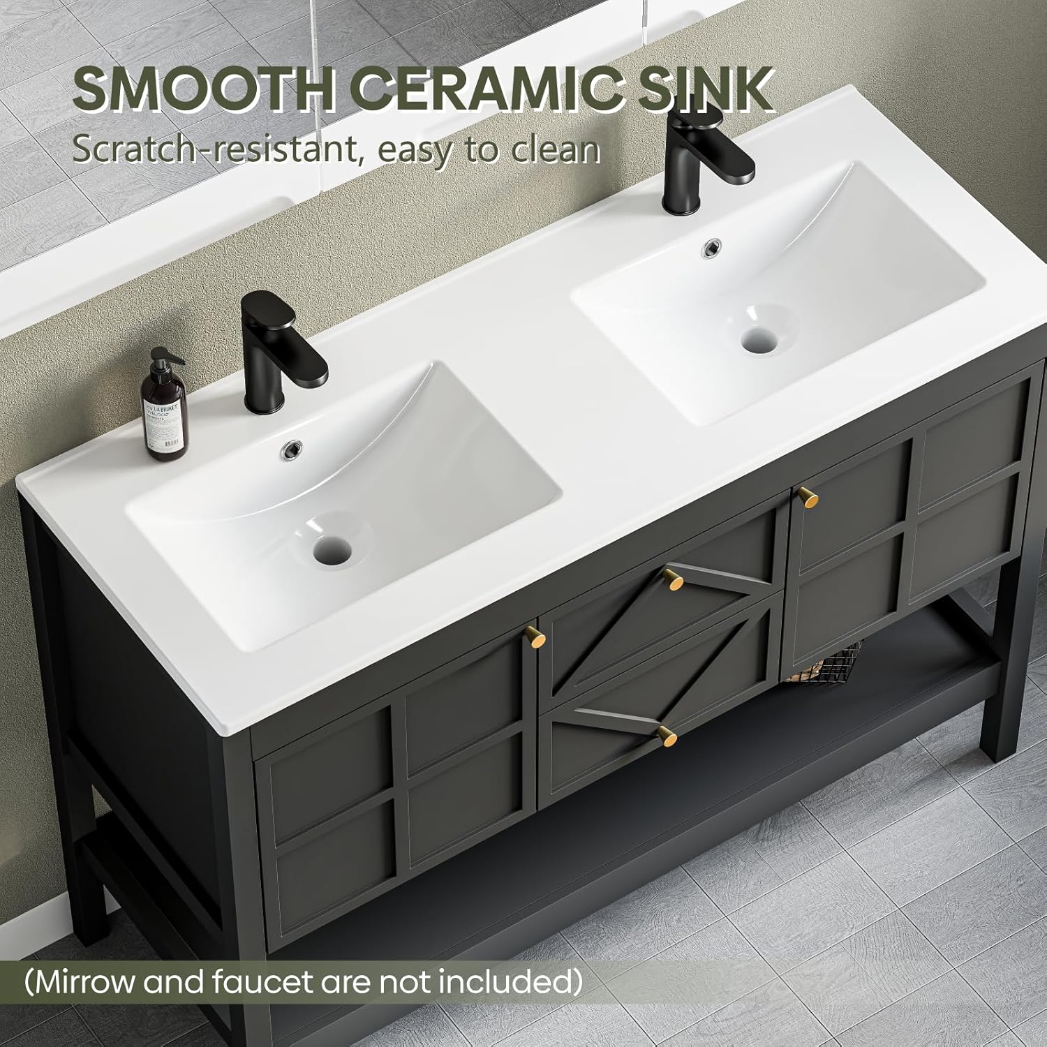 48" Bathroom Vanity with Double Sink Combo, Undermount Sink Bathroom Storage Cabinet with 2 Drawers & 2 Soft-Close Doors, Freestanding Farmhouse Cabinet with Open Storage Shelf, Black