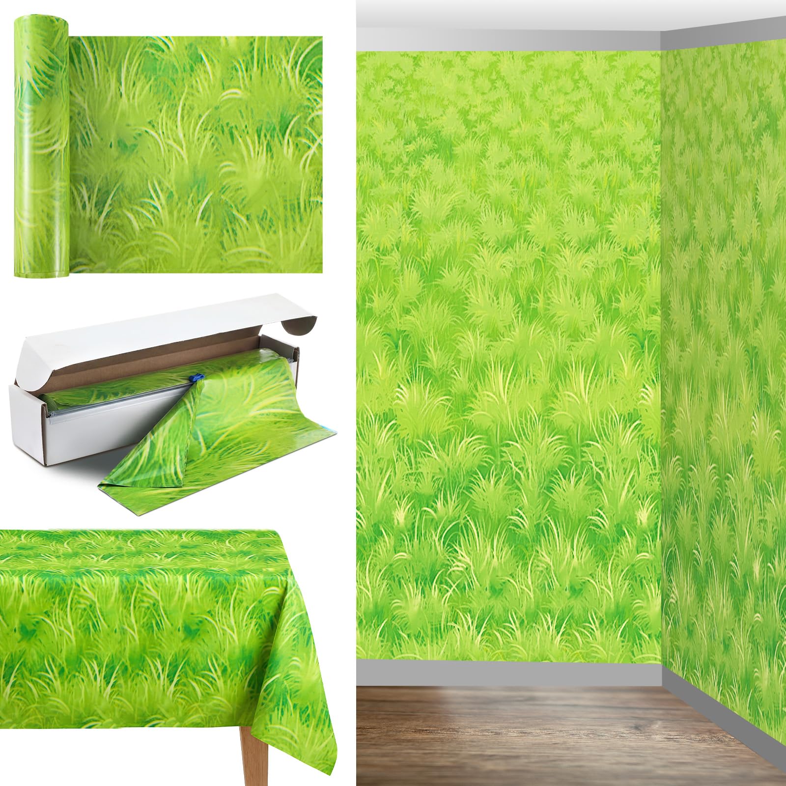 Oudain 54 Inch x 100 ft Meadow Green Grass Tablecloth Roll with Cutter Box