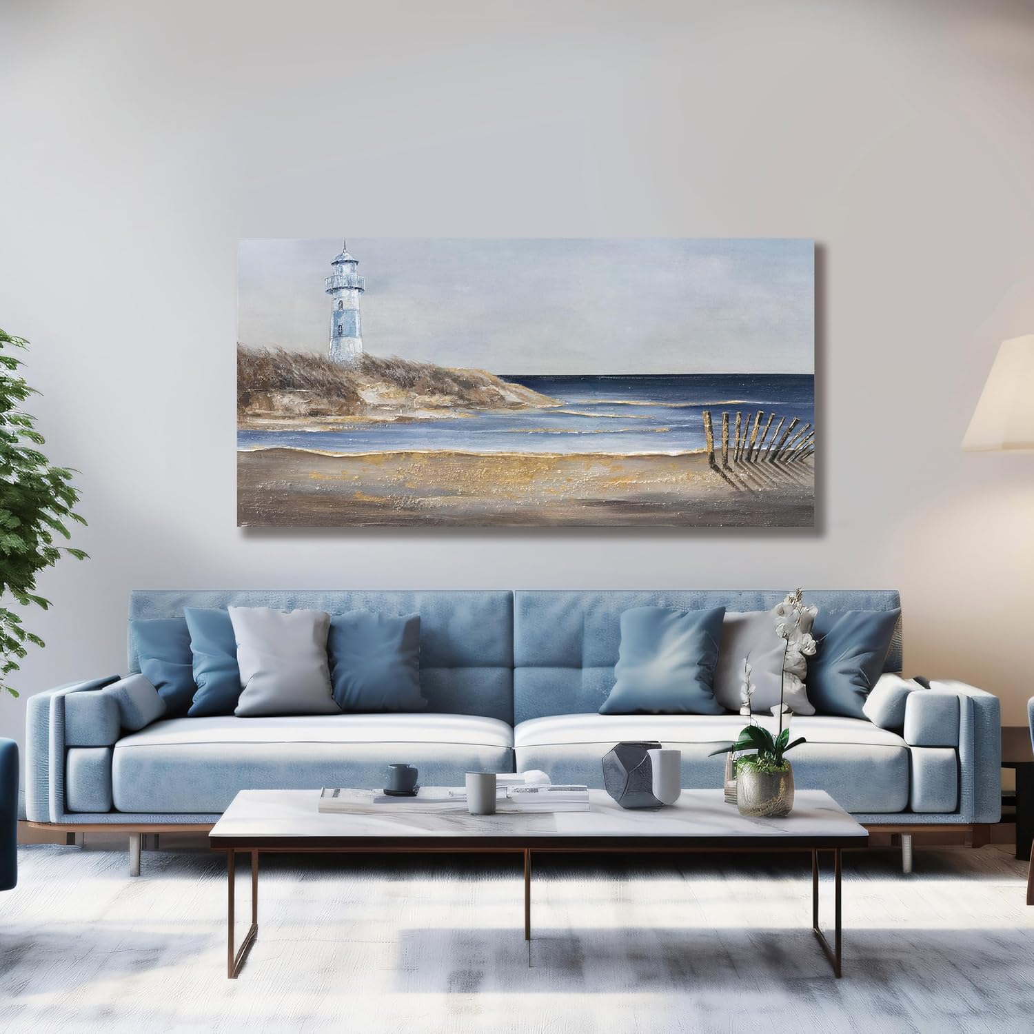 Yuaxker Ocean Wall Art Blue and Gold Modern Wall Decor Ocean Beach and Beacon Landscape Canvas Painting Artwork for Living Room Bedroom Bathroom Office 24x48 inch