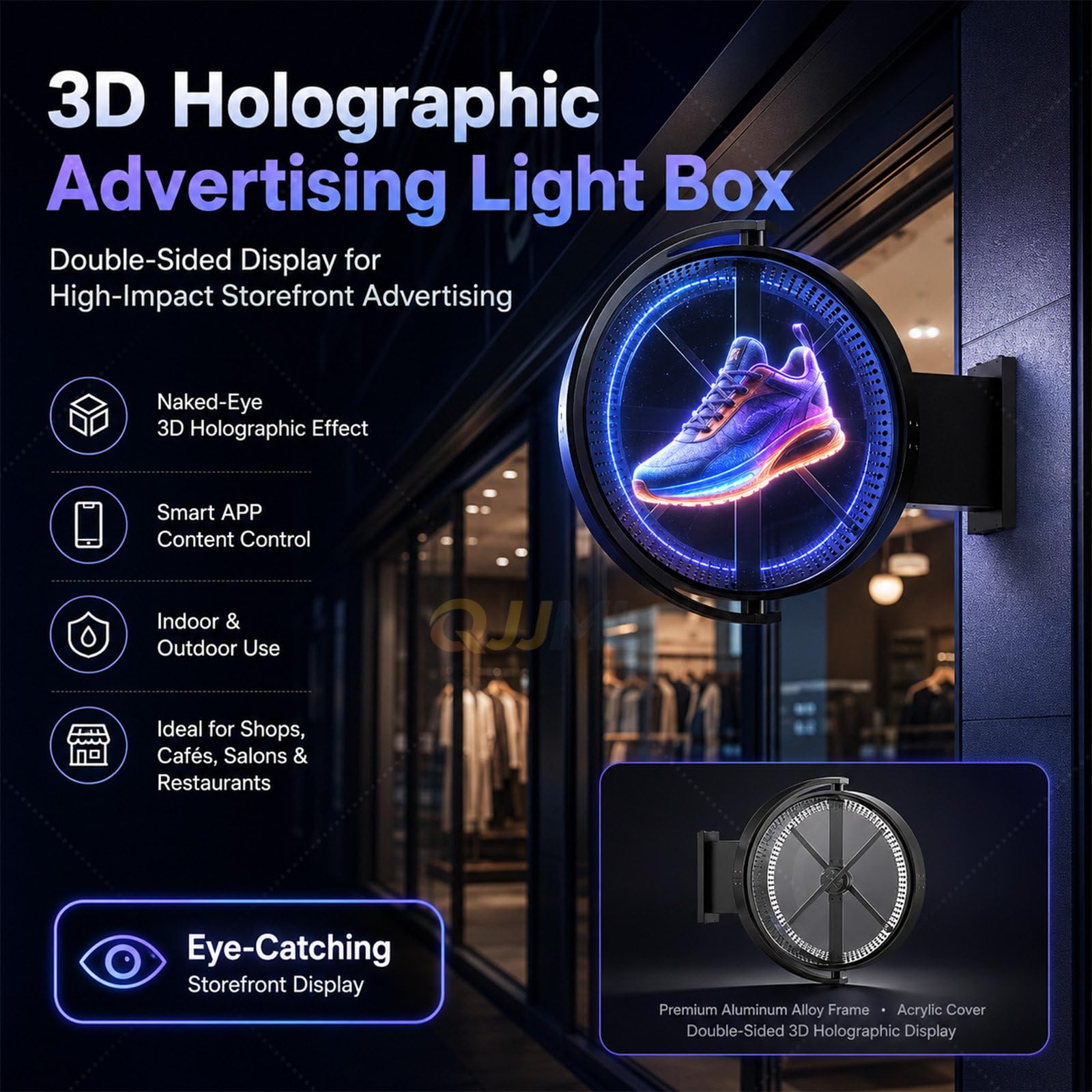 Holograficzna skrzynka oświetleniowa 3D, dwustronny znak LED ze sterowaniem aplikacją, wodoodporny cyfrowy wyświetlacz reklamowy do sklepu detalicznego lub centrum handlowego, 70 cm