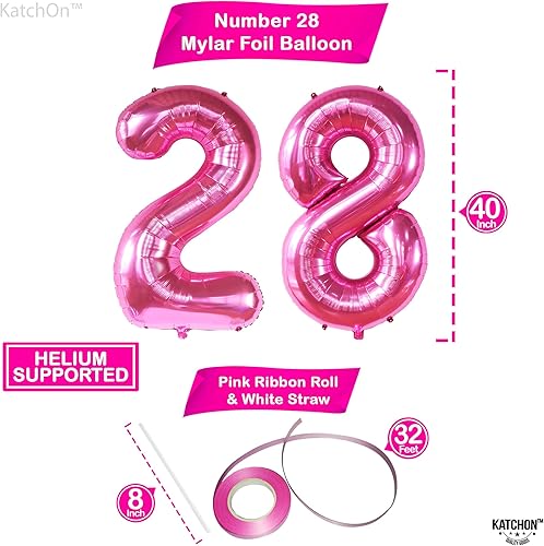 Miniatura 4 de KatchOn, Globo rosa intenso del número 28, 40 pulgadas, globos de cumpleaños de 28 años de color rosa intenso, decoración de cumpleaños de 28 para