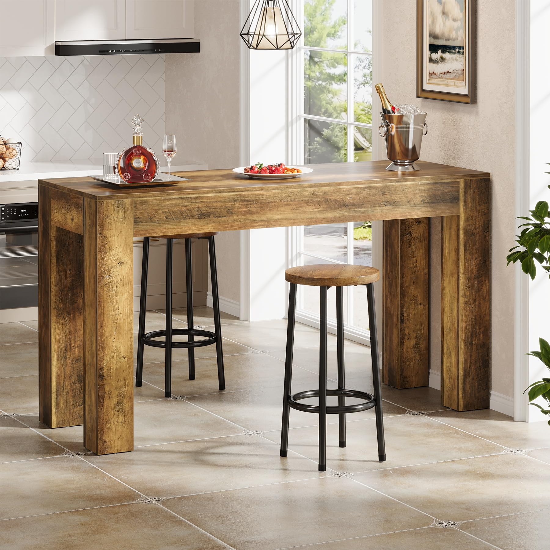 Tribesigns 63" Long Bar Table, Wooden Bar Height Dining Table with 4 Sturdy Legs, Rectangular Counter Height Bar Tables for Kitchen, Home Bar, or Living Room (Rustic Brown)
