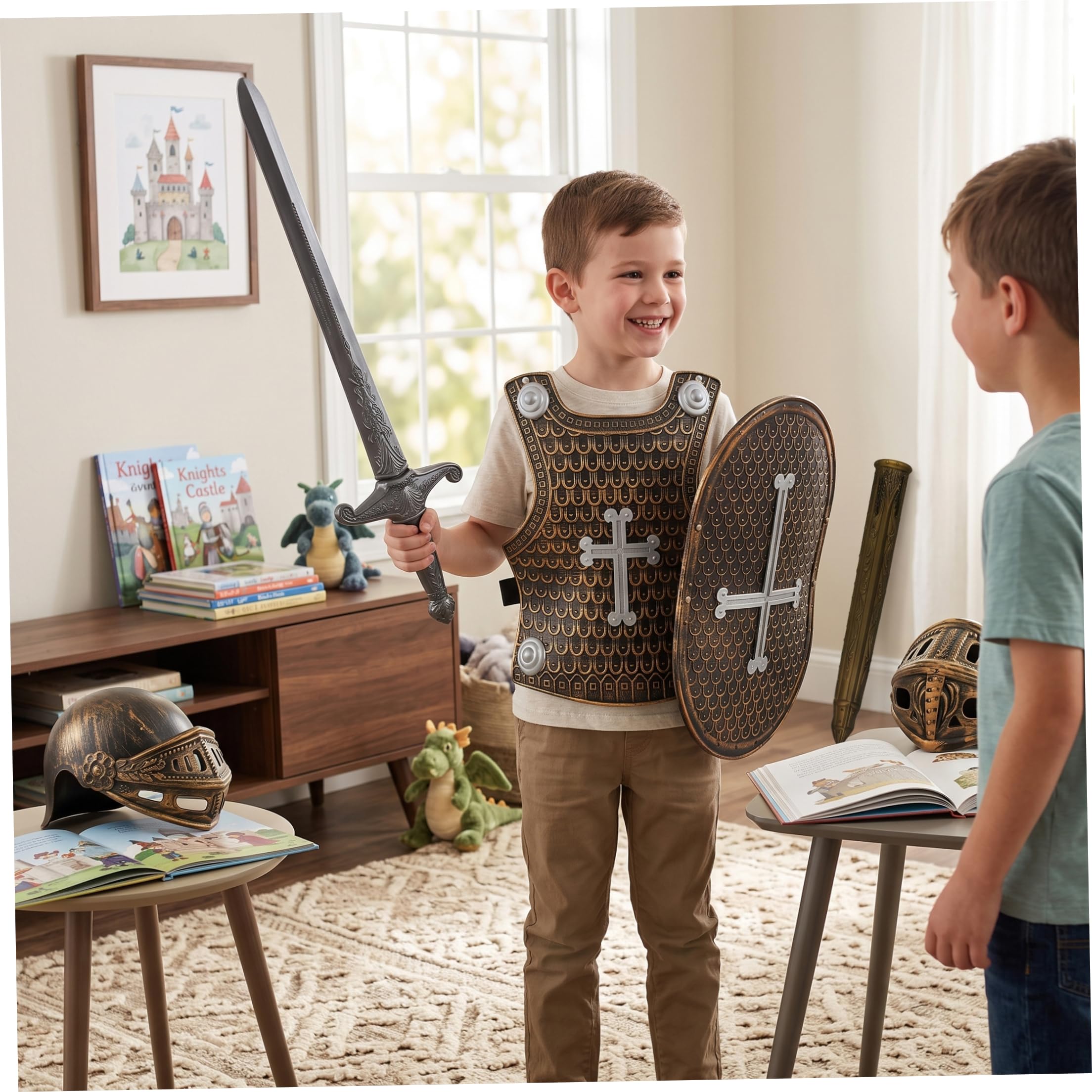 Costume da cavaliere per bambini, set di armature da cavaliere per bambini: casco, piastra toracica, spada, fodero e scudo, bronzo..