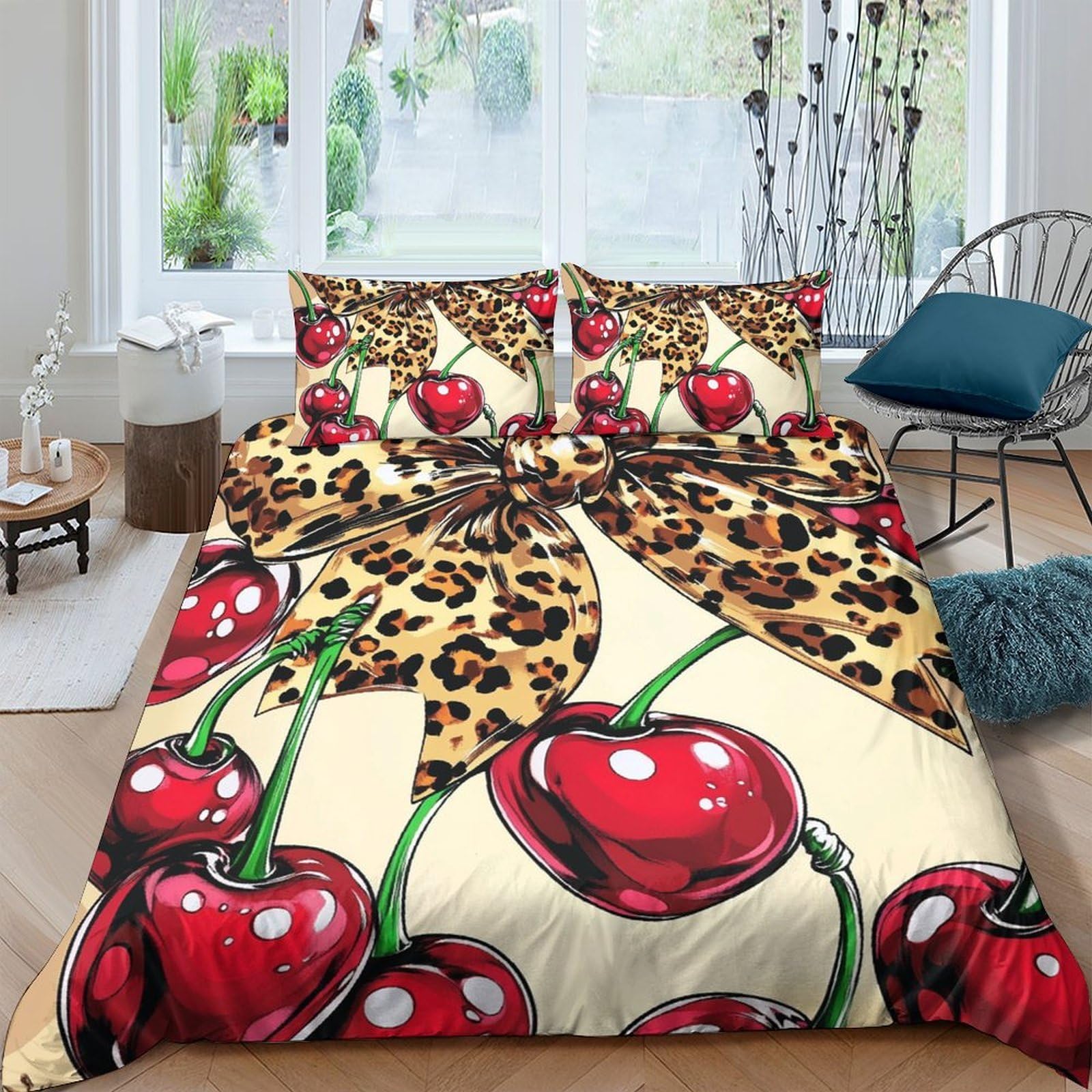 Ctjqhvkz Style-2 3D Printed Cherry Leopard Fitted Sheet Microfiber Soft Bed Cover For Bedroom Guest Room Mattress Decor Easy Care Single（135X200cm）