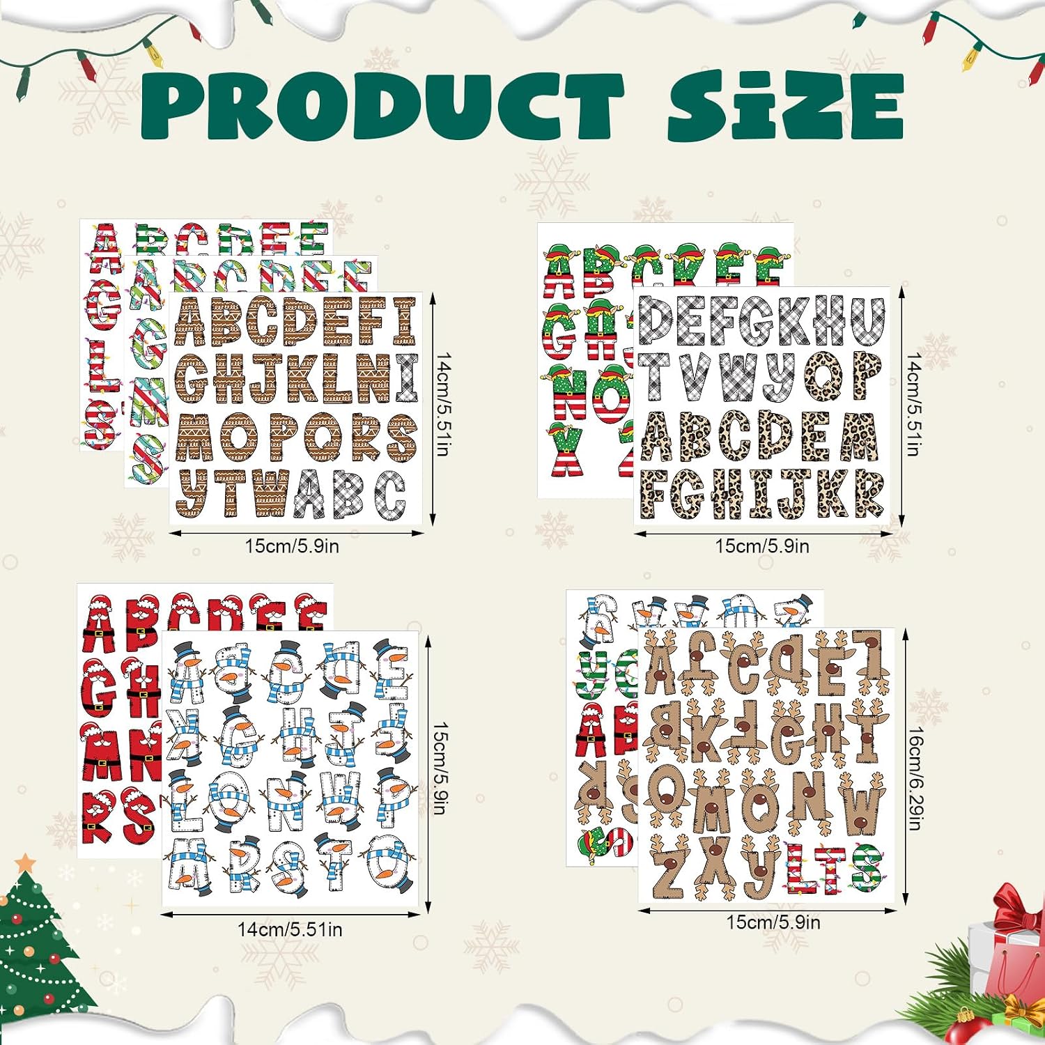 Humyoun 9 Sheets Christmas UV DTF Cup Wraps Letter for 16 oz Tumbler Waterproof Rub on Transfers Christmas Cup Wrap Transfer Stickers Alphabet UV DTF Decals for DIY Glass Water Bottle(Stylish)