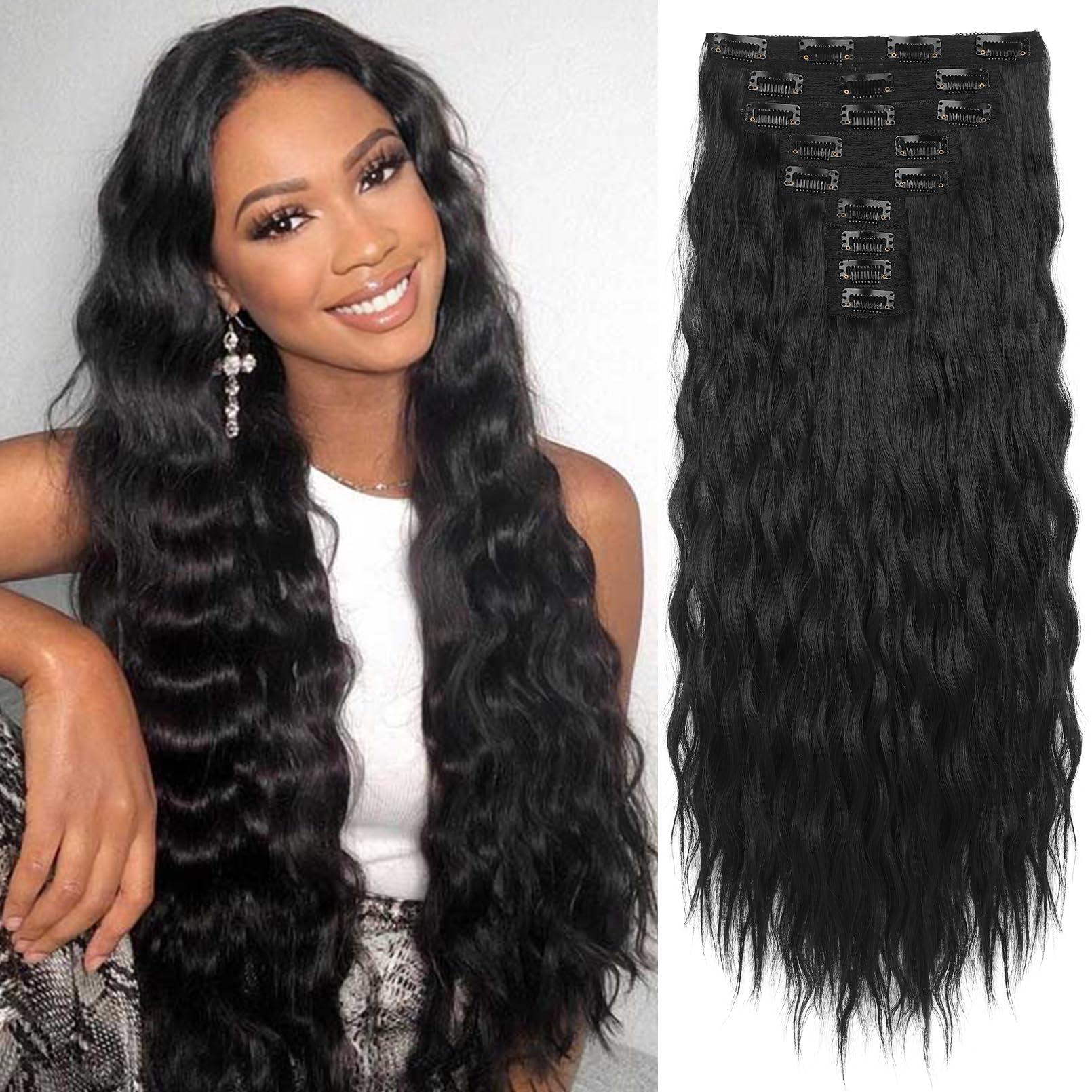 Hair Extensions, REECHO 9PCS Clip in Hair Extensions 24" Thick Long Mini Mermaid Wave Luxurious Lightweight Japanese Technology HYOUITSU Fiber