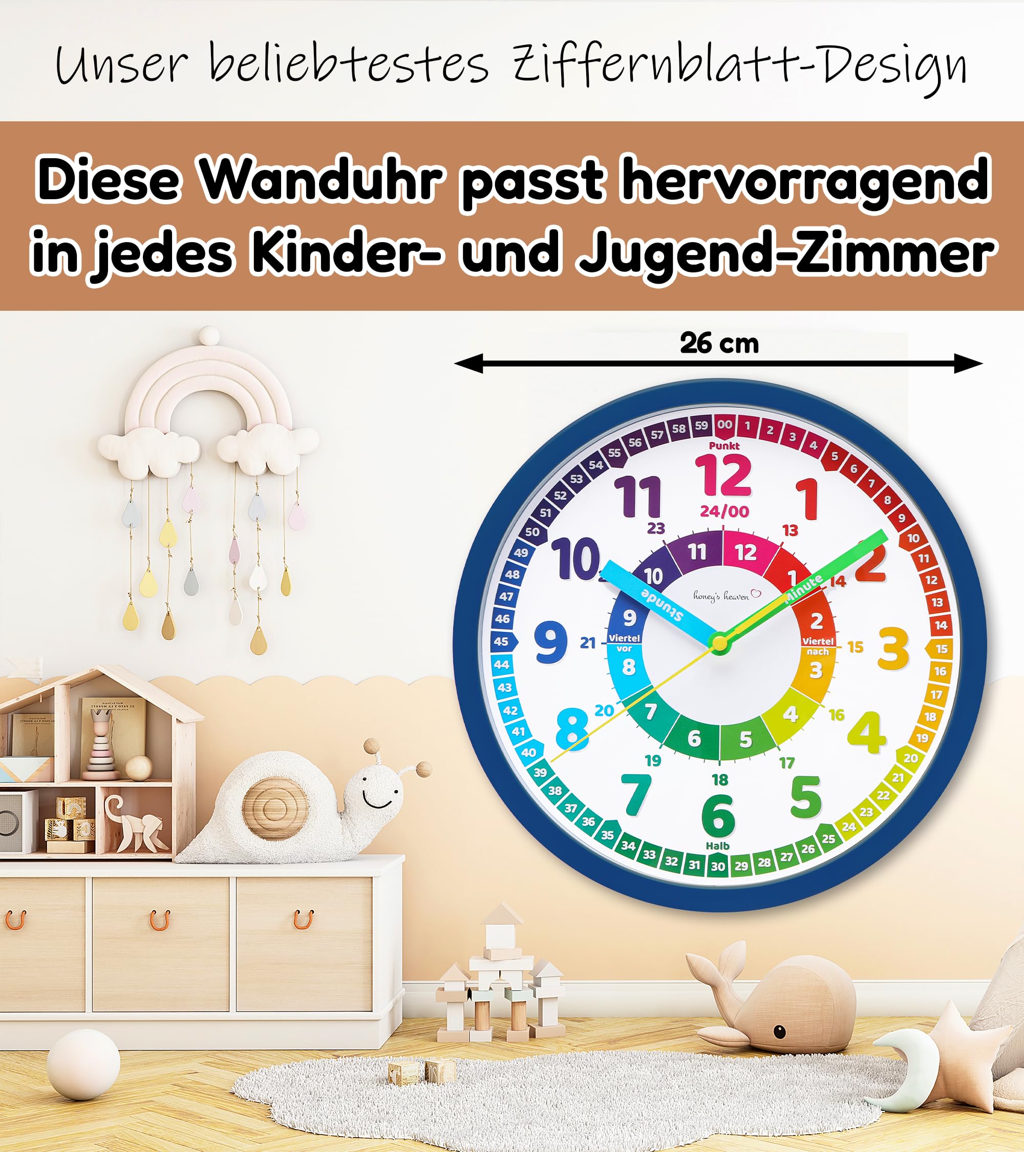 Honey's Heaven Wanduhr für Kinder - Lernuhr zum Lernen der Uhrzeit - analoge Kinderuhr ohne Tick Geräusche, mit lautlosem Uhrwerk - Kinderzimmer Deko für Jungen und Mädchen (Dunkelblau)