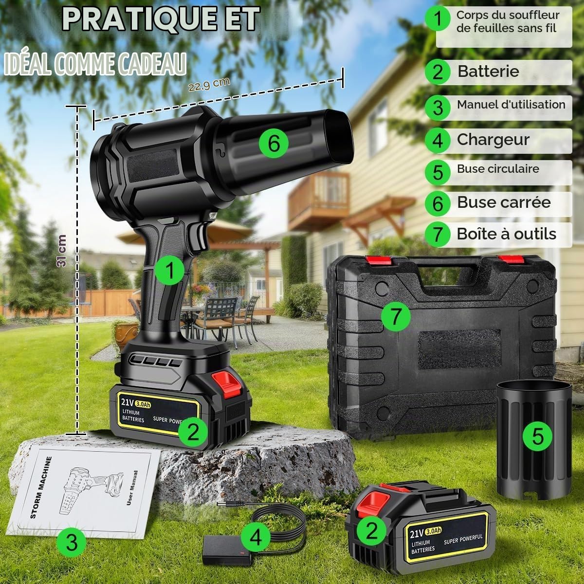 Souffleur turbo 3000W - Souffleur de feuilles électrique à batterie avec 2 batteries, moteur sans balais 30 000 tr/min, souffleur électrique à poussière/air pour feuilles, neige et poussière - réglage
