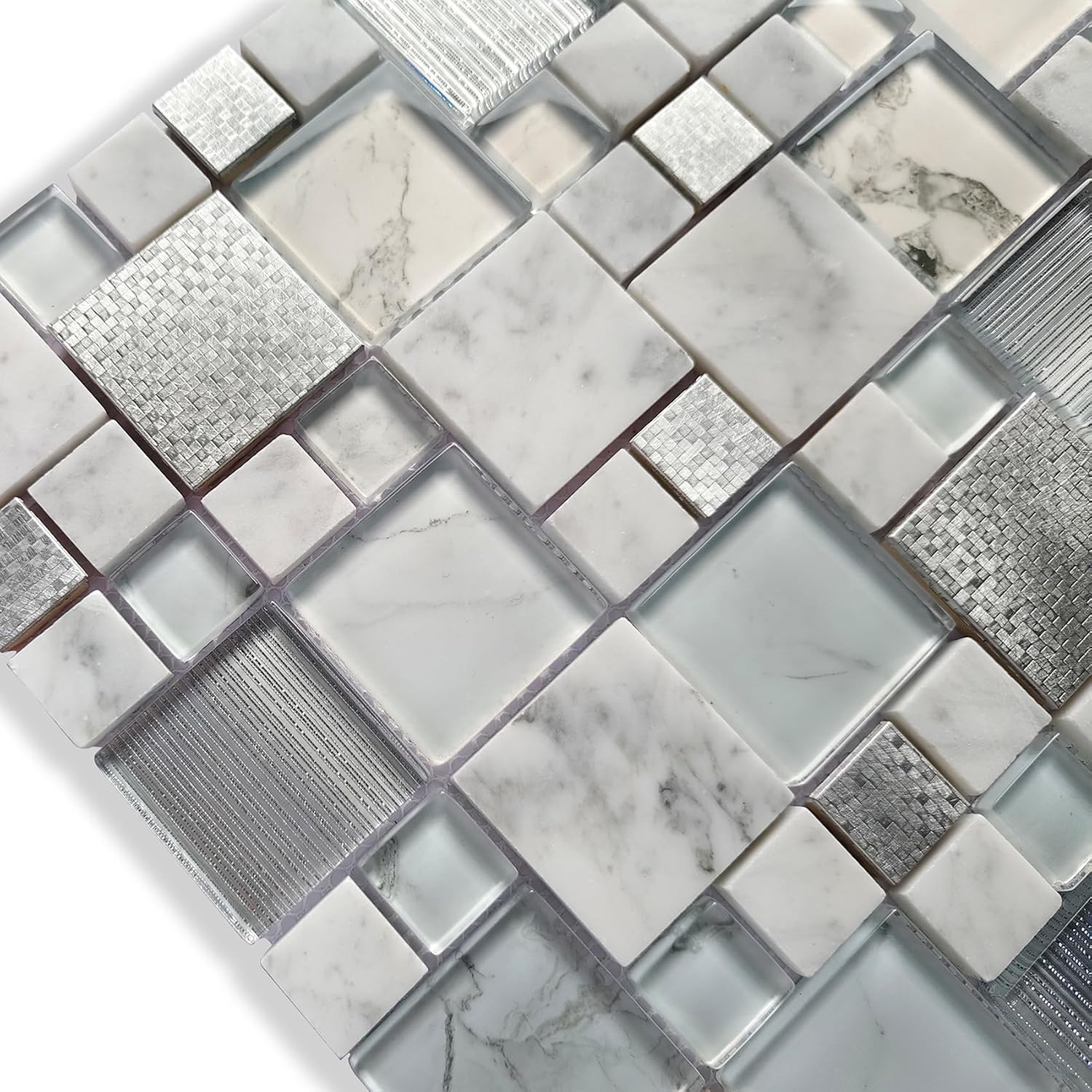 Upgraded Silver Metallic Glass Mosaic Tiles Mixed Carrara White Marble for Kitchen Backsplash, Bathroom Shower, Fireplace Wall Decor (Pack of 5 Sheets)