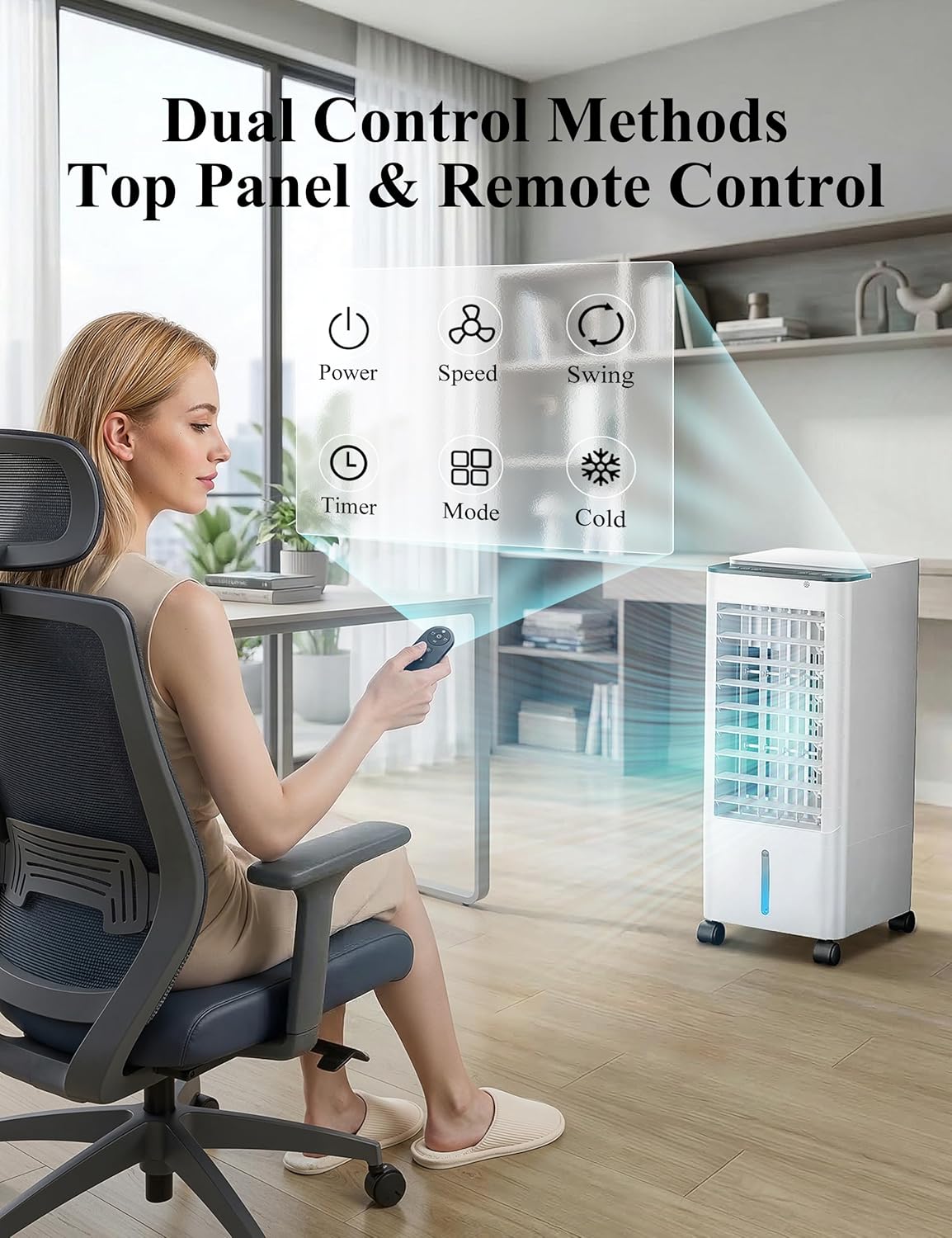 A woman using a remote control to operate the air cooler, with icons for Power, Speed, Swing, Timer, Mode, and Cold functions.