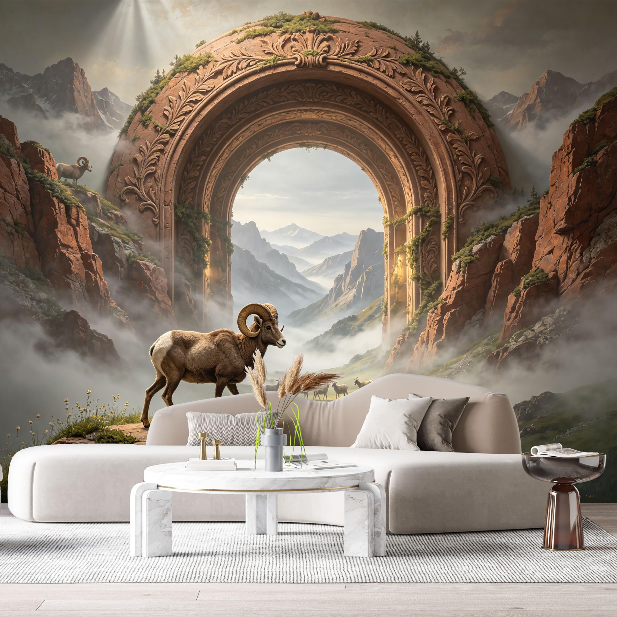 Custom Size Wall Murals Mountain Gateway Bighorn Sheep Landscape 3D Trompe L'Oeil SelfAdhesiveWall Fabric Removable Wallpaper Wall Decor for Living Room Bedroom Bathroom