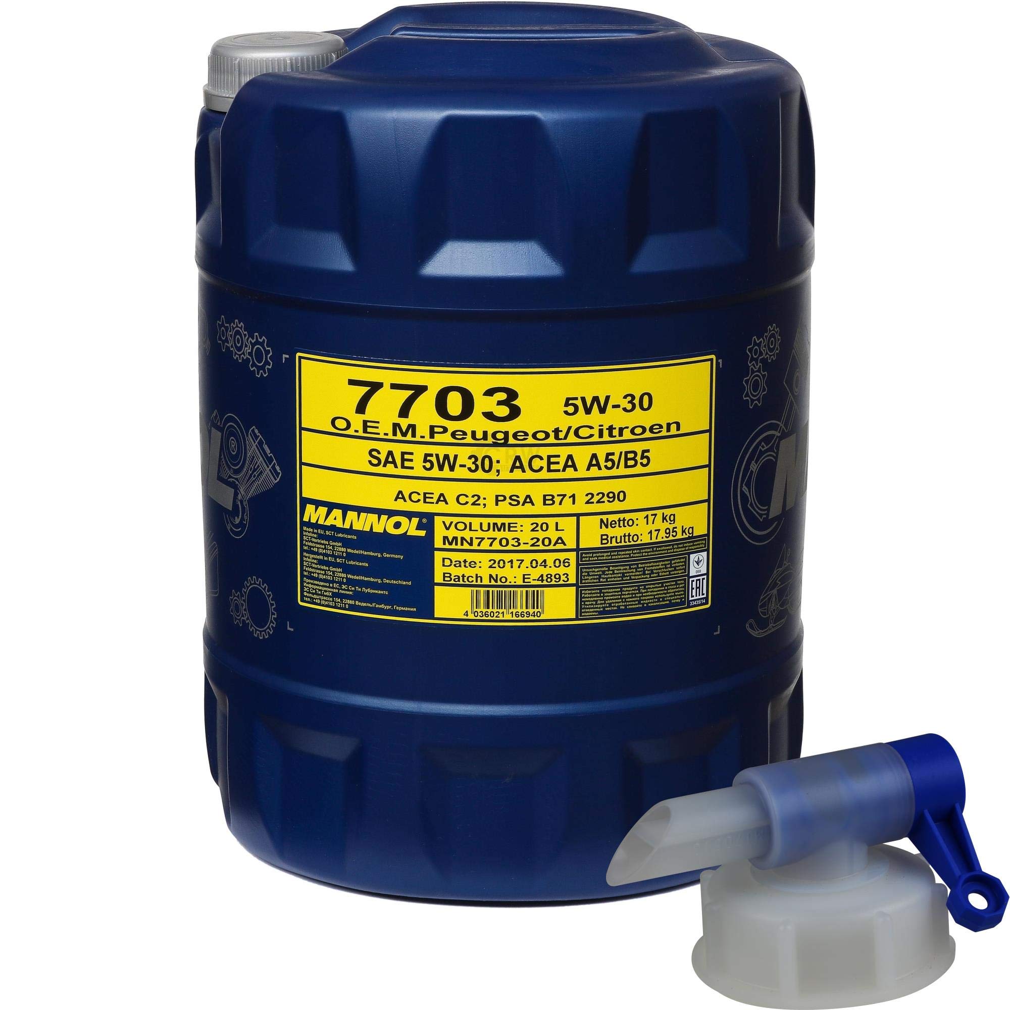 Aceite de motor Mannol 7703 O.E.M. 5W-30 de 20 litros, aceite sintético + grifo de salida