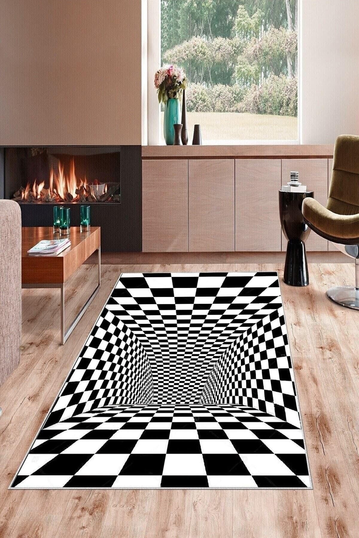 Pelangi Siyah Beyaz Dama Desenli 3d Yıkanabilir Kaymaz Taban Leke Tutmaz Modern Salon Halısı Ve Yolluk, Siyah-Beyaz 160 x 300, 135832116030005