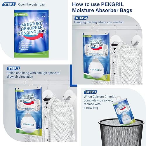 Miniatura 4 de PEKGRIL Bolsas absorbentes de humedad, 10 paquetes, bolsas deshumidificadoras colgantes de 15 onzas, paquetes de humedad para armario, baño, cocina,