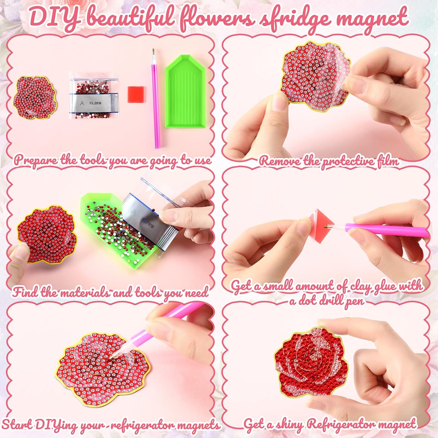 Xuhal 30 Pcs Flower Diamond Painting Magnets Diamond Art Magnet Kits for Adults Colorful Floral Refrigerator Magnetic Sticker 5D Rhinestone Fridge Stickers for DIY Crafts Summer Gifts