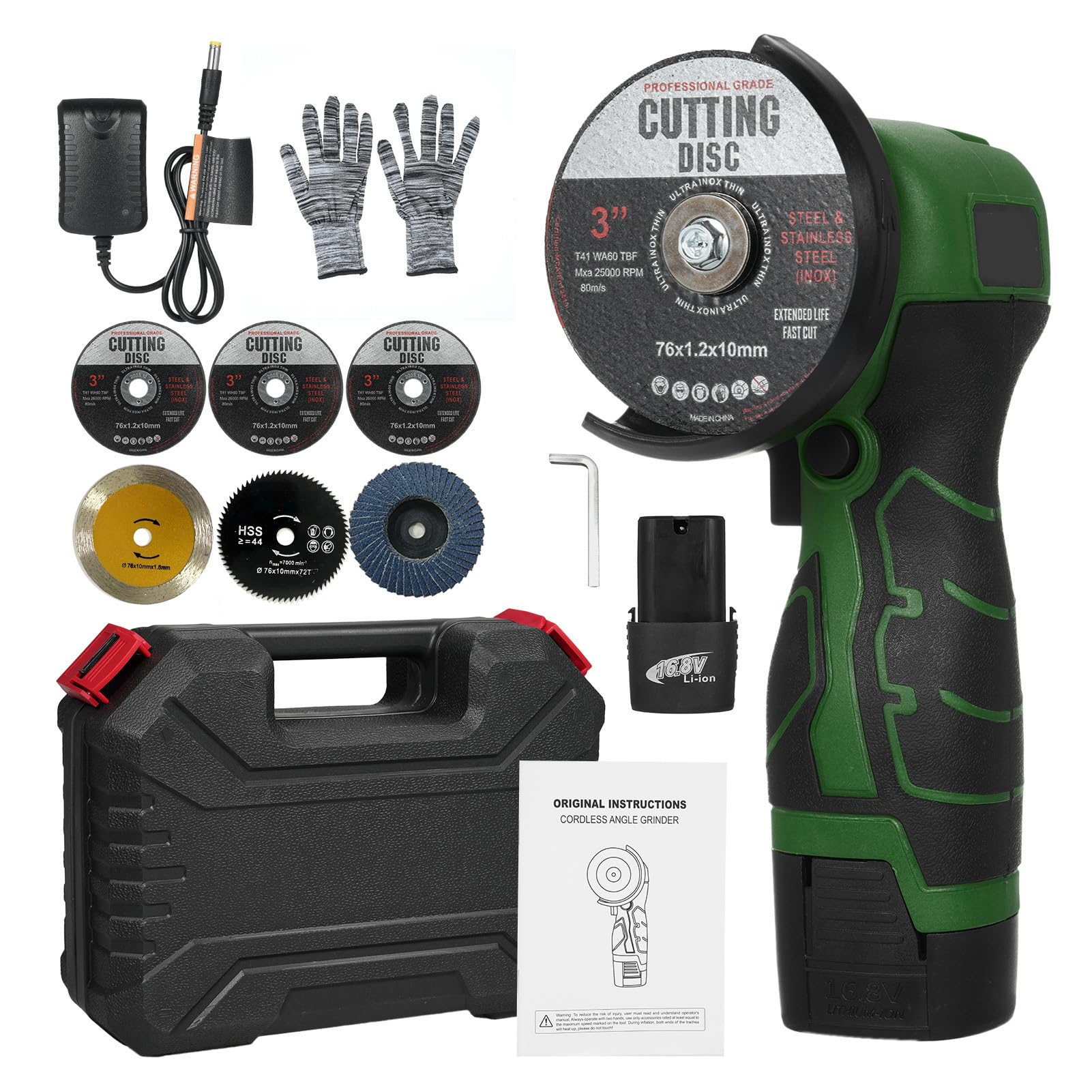 Smerigliatrice Angolare a Batteria 7000 Giri/min 16,8 V 76 Mm | Utensile per Molatura Elettrico, Alloggiamento in ABS, Batteria Al Litio da 16,8 V, Caricabatterie Rapido, Taglio di