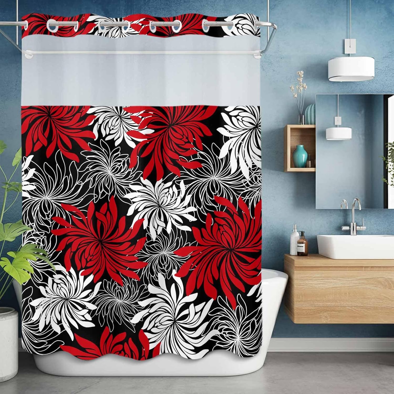 Red Black Floral No Hook Shower Curtain with Snap in Liner Vintage Red White Black Flower Waterproof Bathroom Shower Curtain with See Through Top Window for Bathtub 72" x 84"